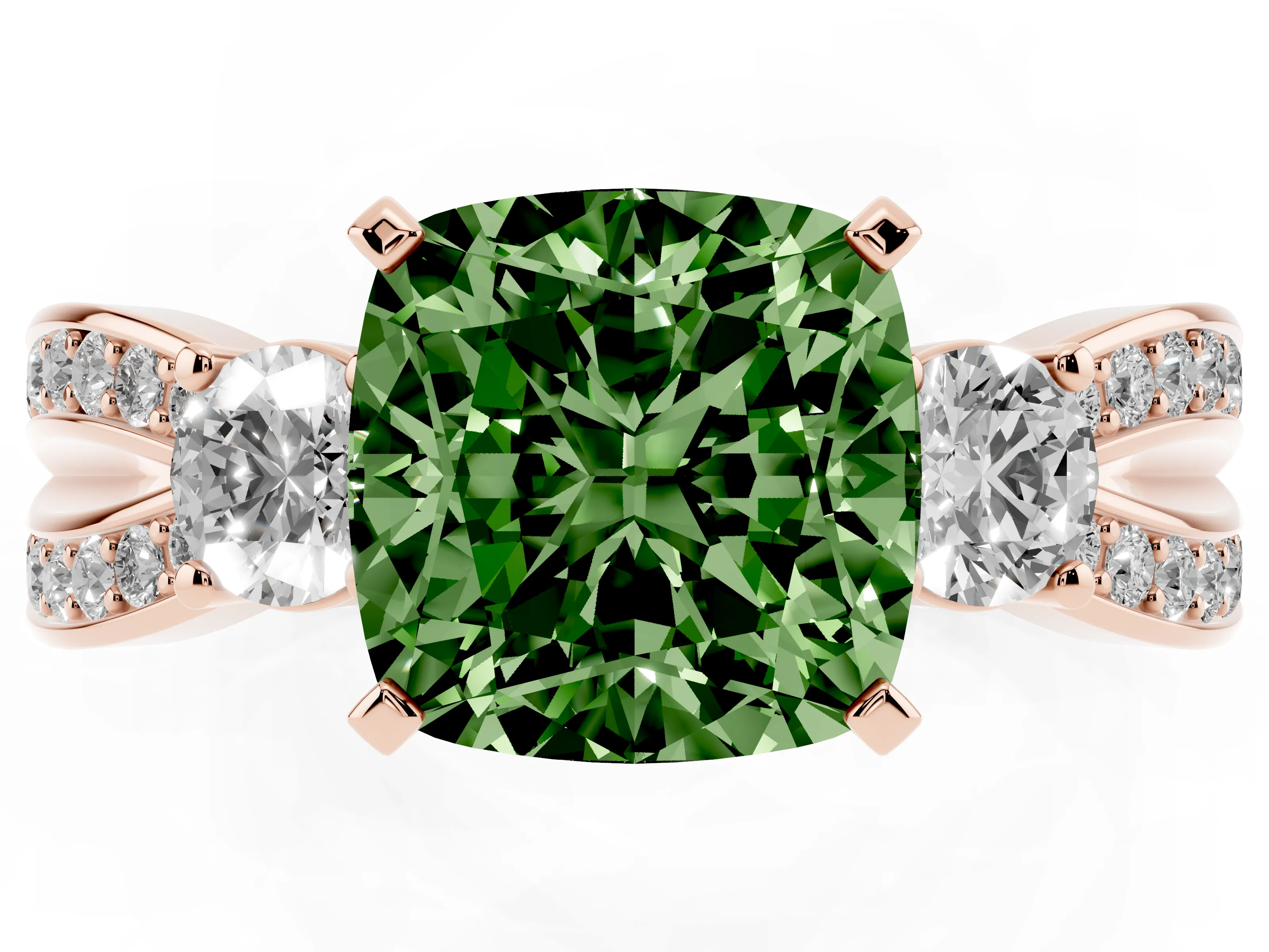 Fancy Green Three-Stone Cushion Cut Diamond Twist Band Ring Set in Rose gold with Pavé Accents and Prong Setting