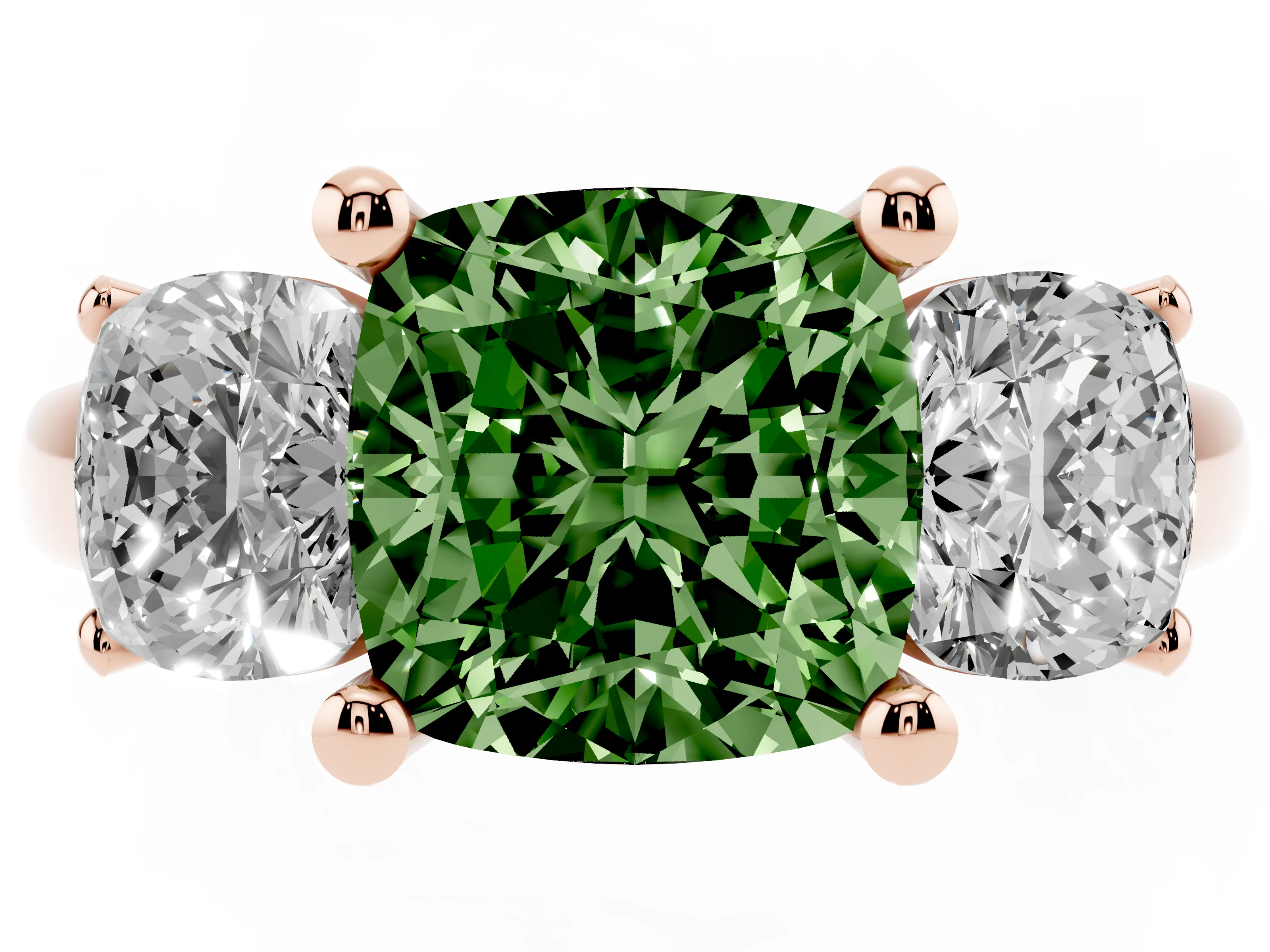 Fancy Green Cushion Cut Diamond Three-Stone Ring Set in Rose gold with Classic Prong Setting and Plain Band