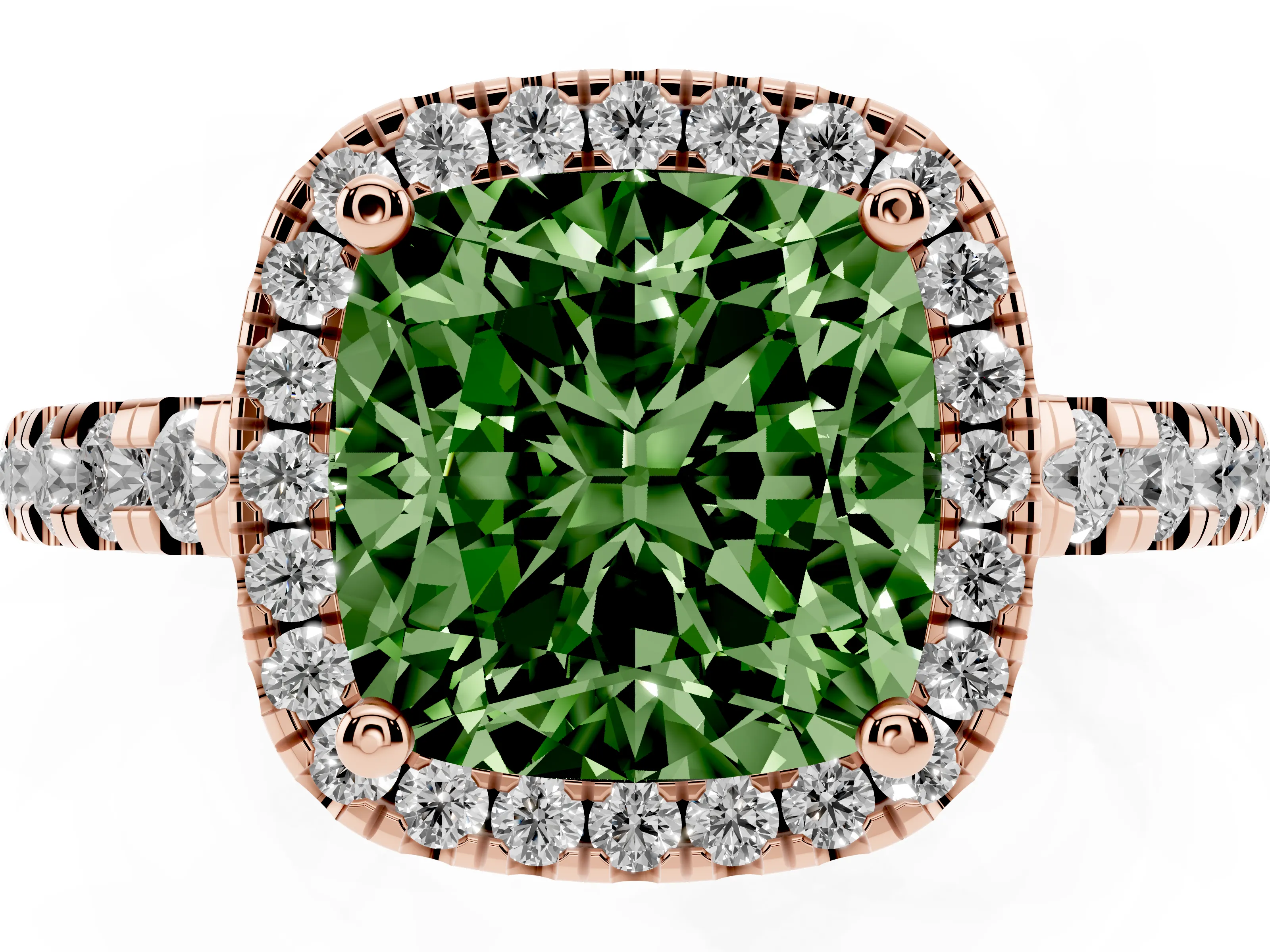 Fancy Green Cushion Cut Diamond Halo Ring Set in Rose gold with Delicate Pavé Band and Prong Setting
