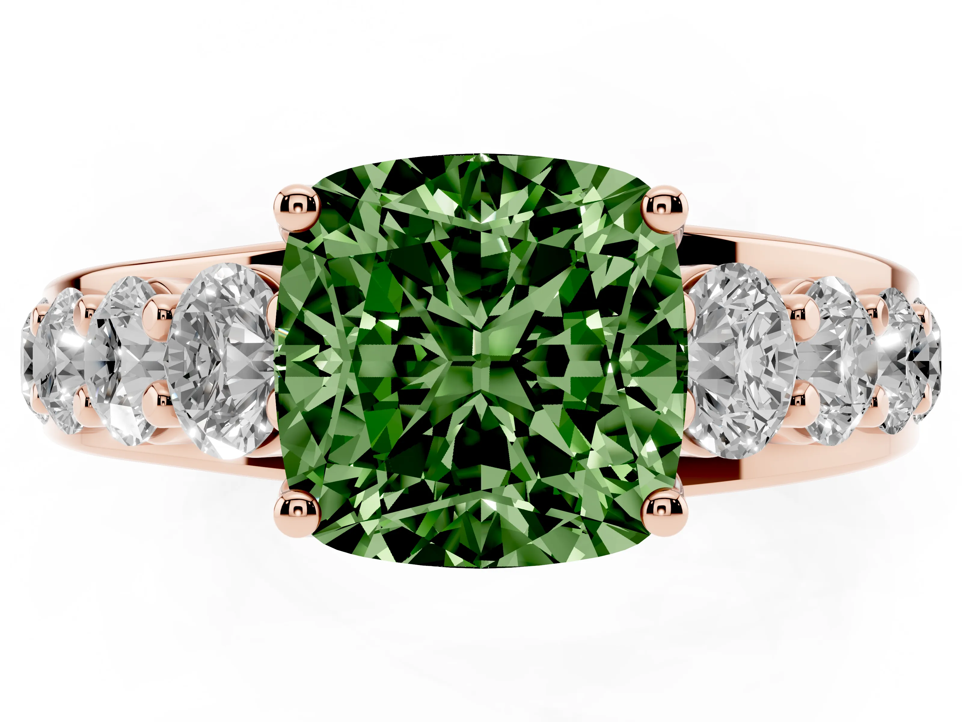 Fancy Green Cushion Cut Diamond Pavé Engagement Ring Set in Rose gold with Prong Setting