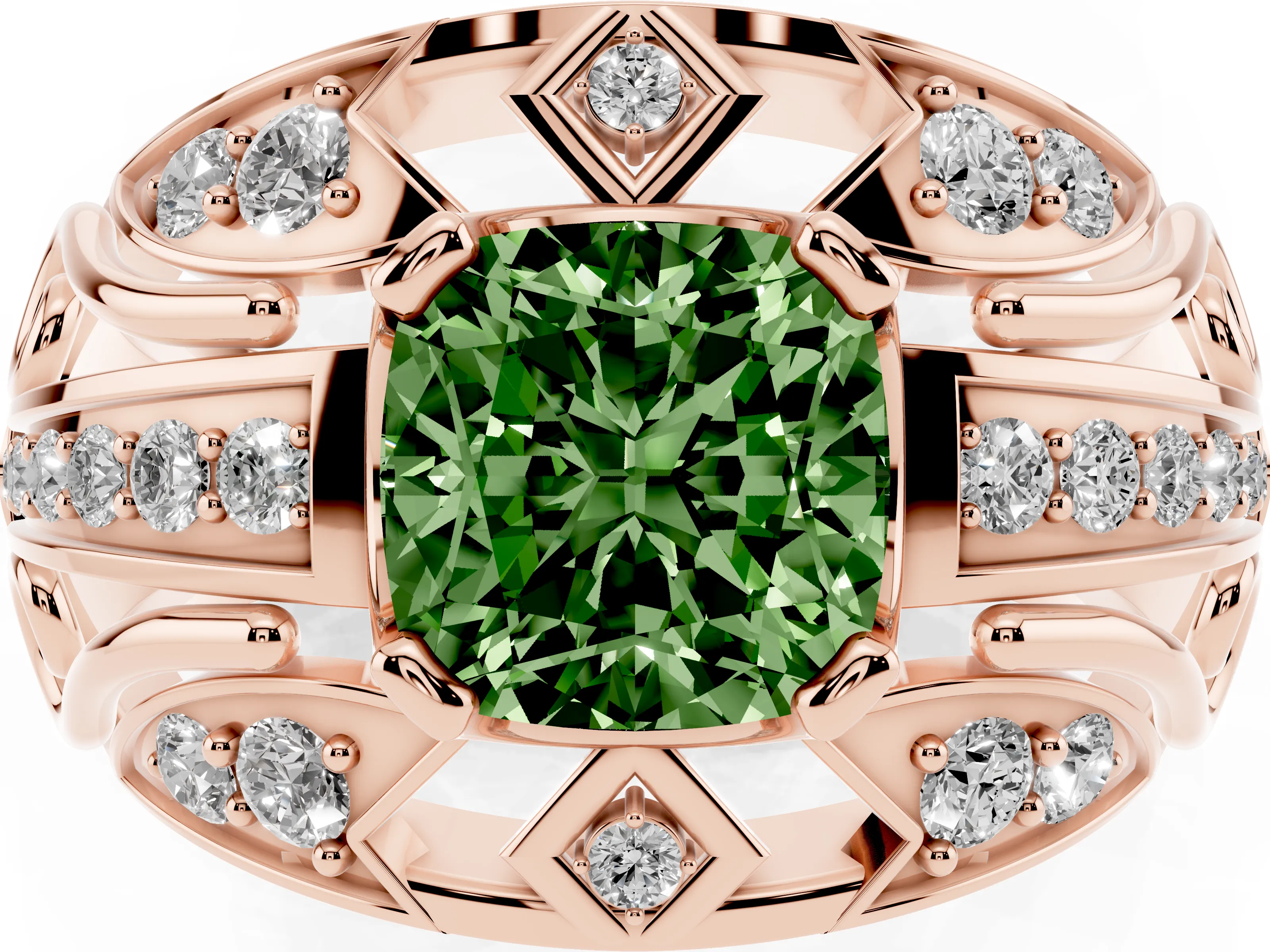 Fancy Green Cushion Cut Diamond Art Deco Ring Set in Rose gold with Pavé Split Shank