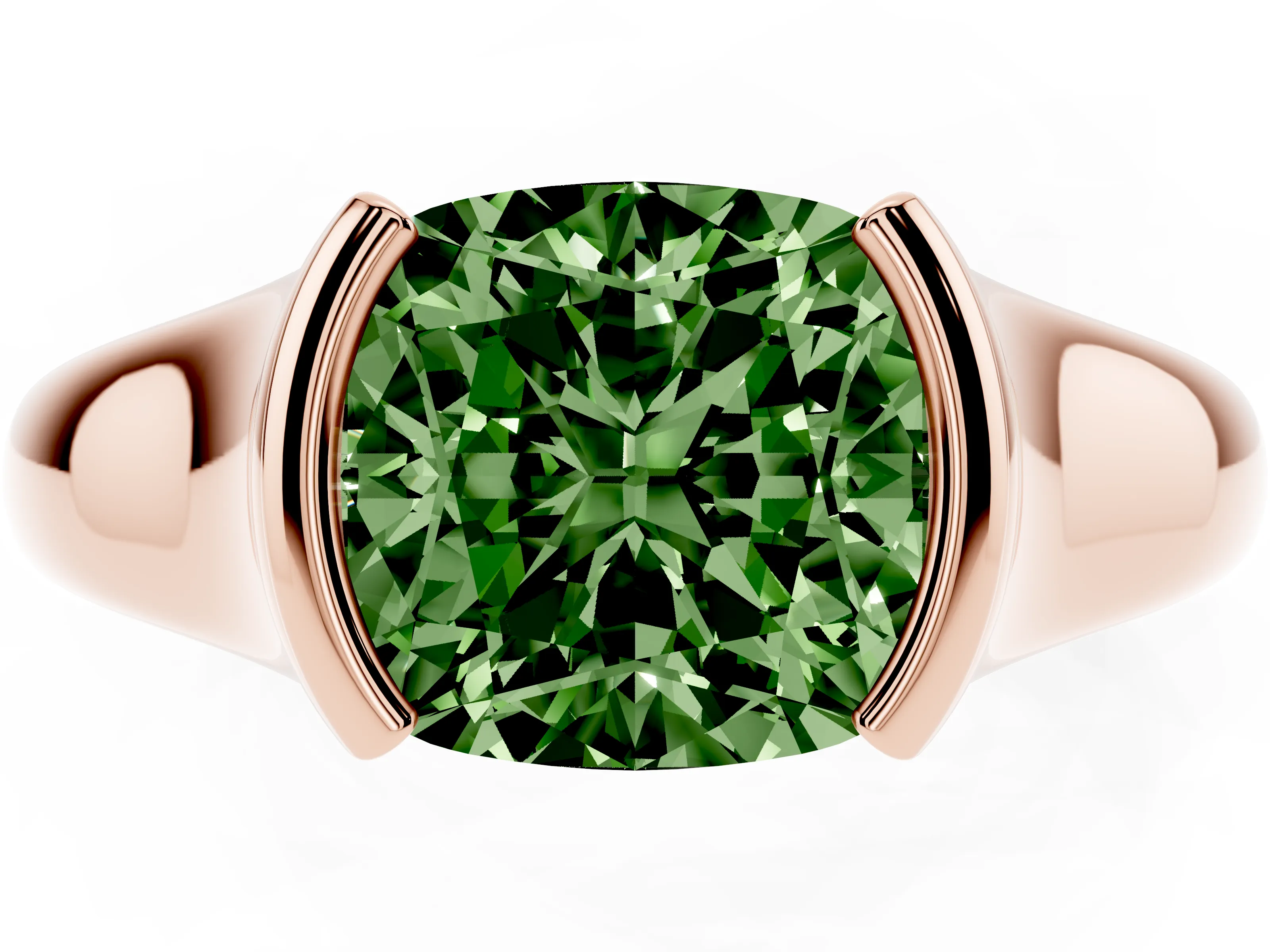 Fancy Green Cushion Cut Diamond Solitaire Tension Set Ring Set in Rose gold with Split Shank Band