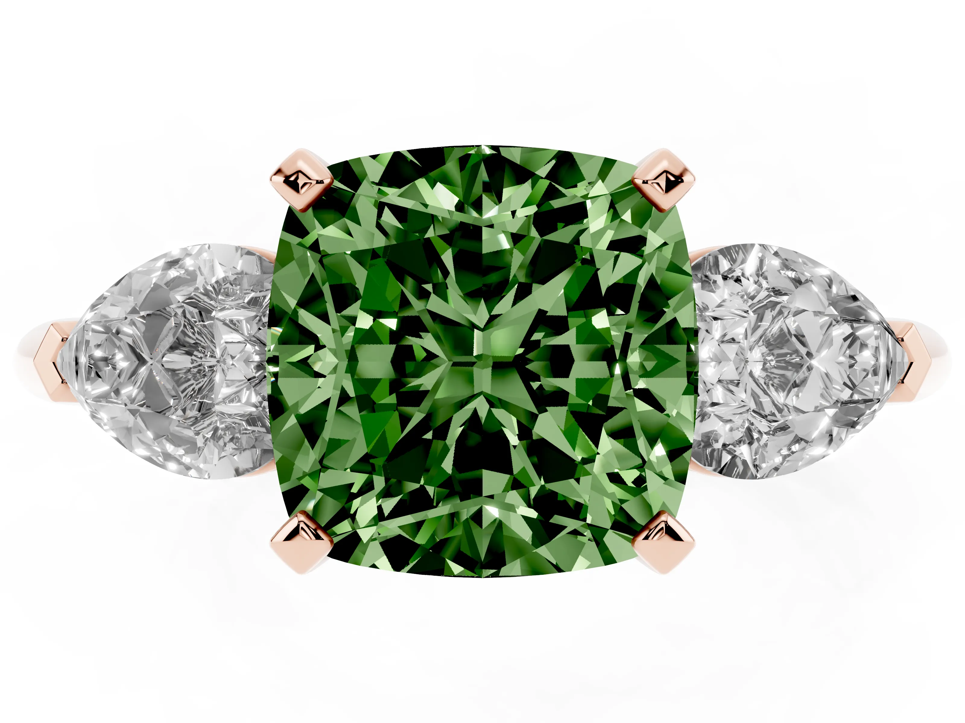 Fancy Green Three-Stone Cushion Cut Diamond Ring Set in Rose gold with Pear Side Stones and Prong Setting