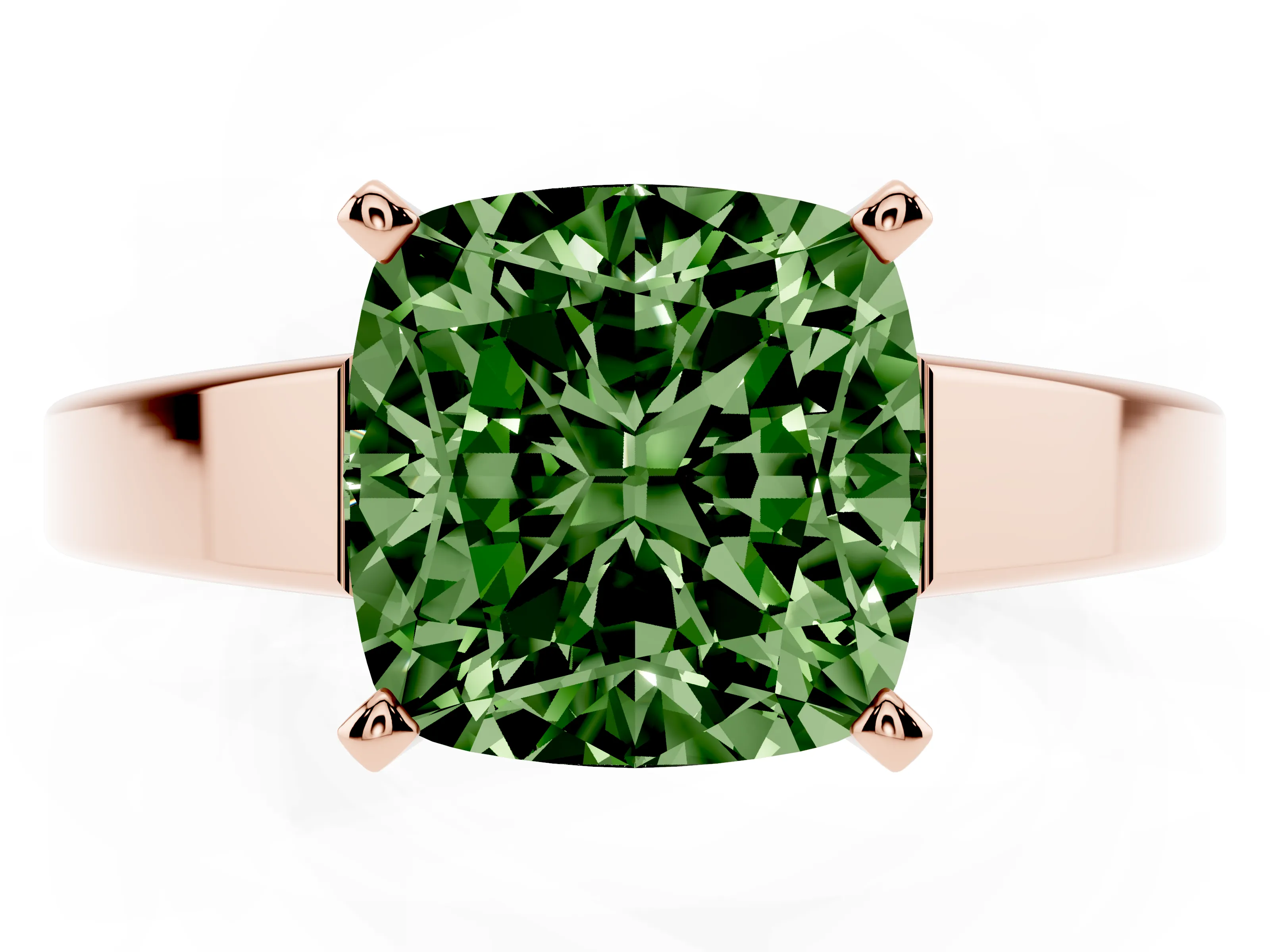 Fancy Green Cushion Cut Diamond Solitaire Engagement Ring Set in Rose gold with Prong Setting and Tapered Band