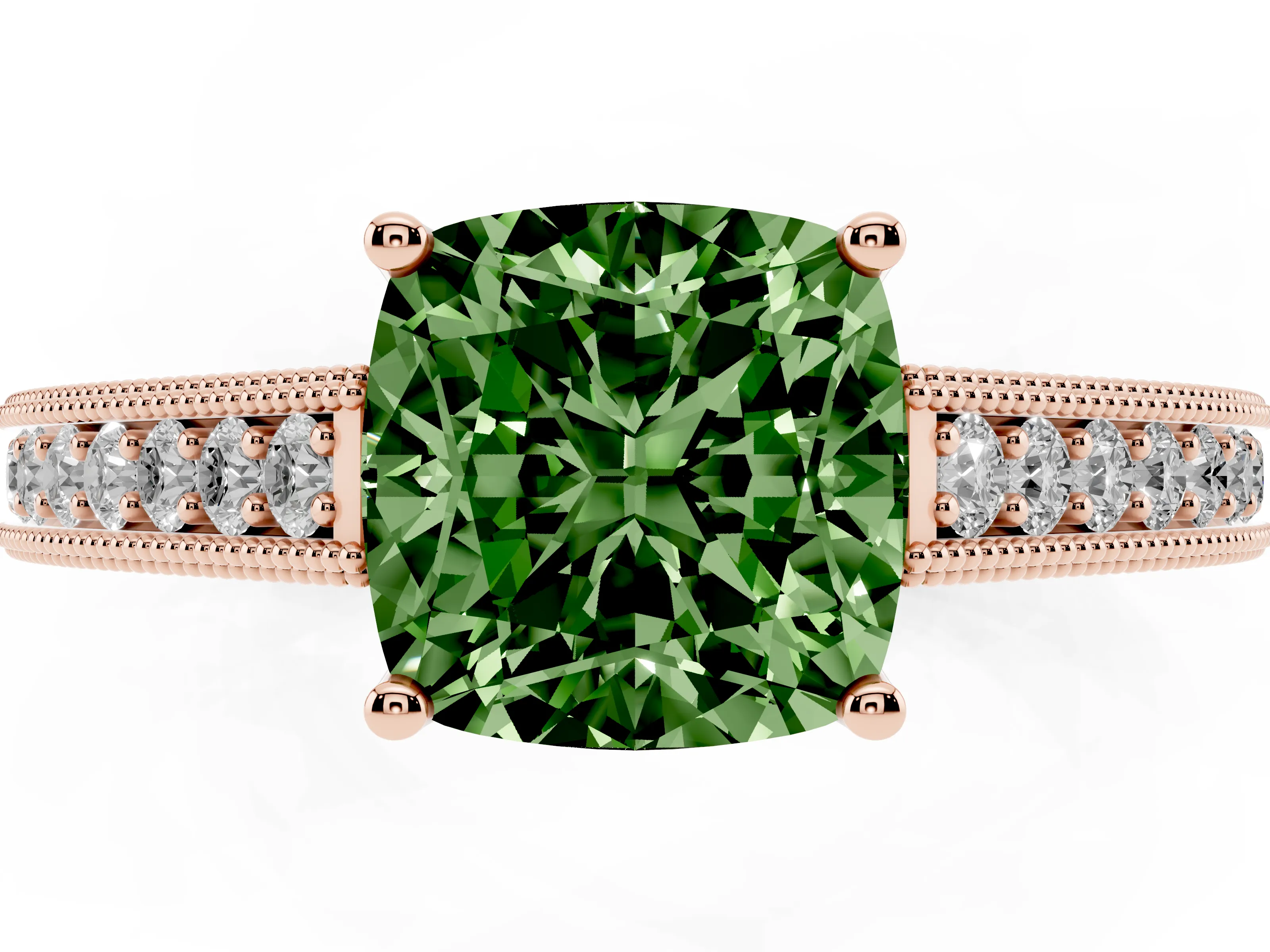 Fancy Green Cushion Cut Diamond Milgrain Pavé Band Solitaire Ring Set in Rose gold with Prong Setting