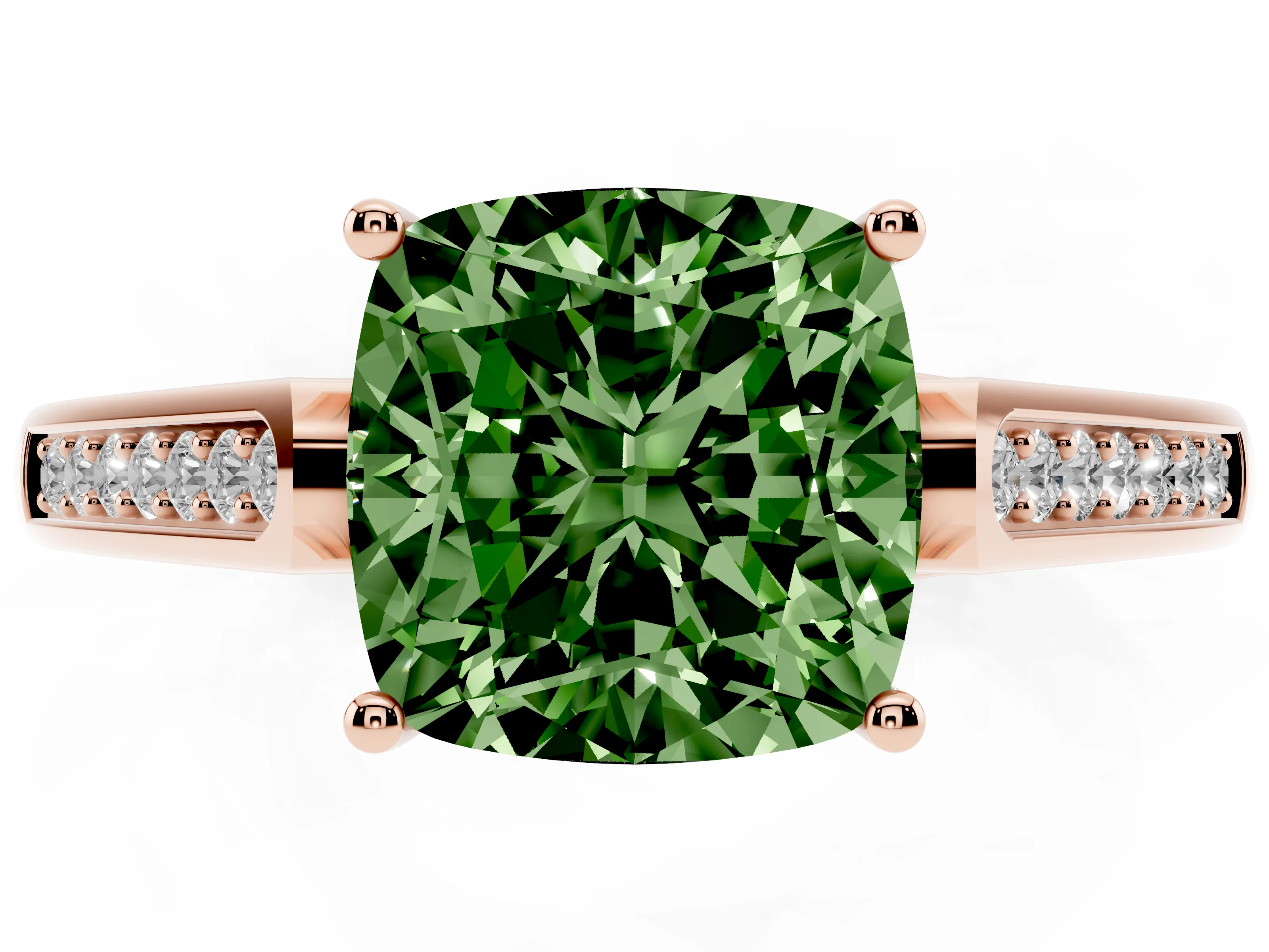 Fancy Green Cushion Cut Diamond Solitaire Cathedral Engagement Ring Set in Rose gold with Channel-Set Band and Prong Setting