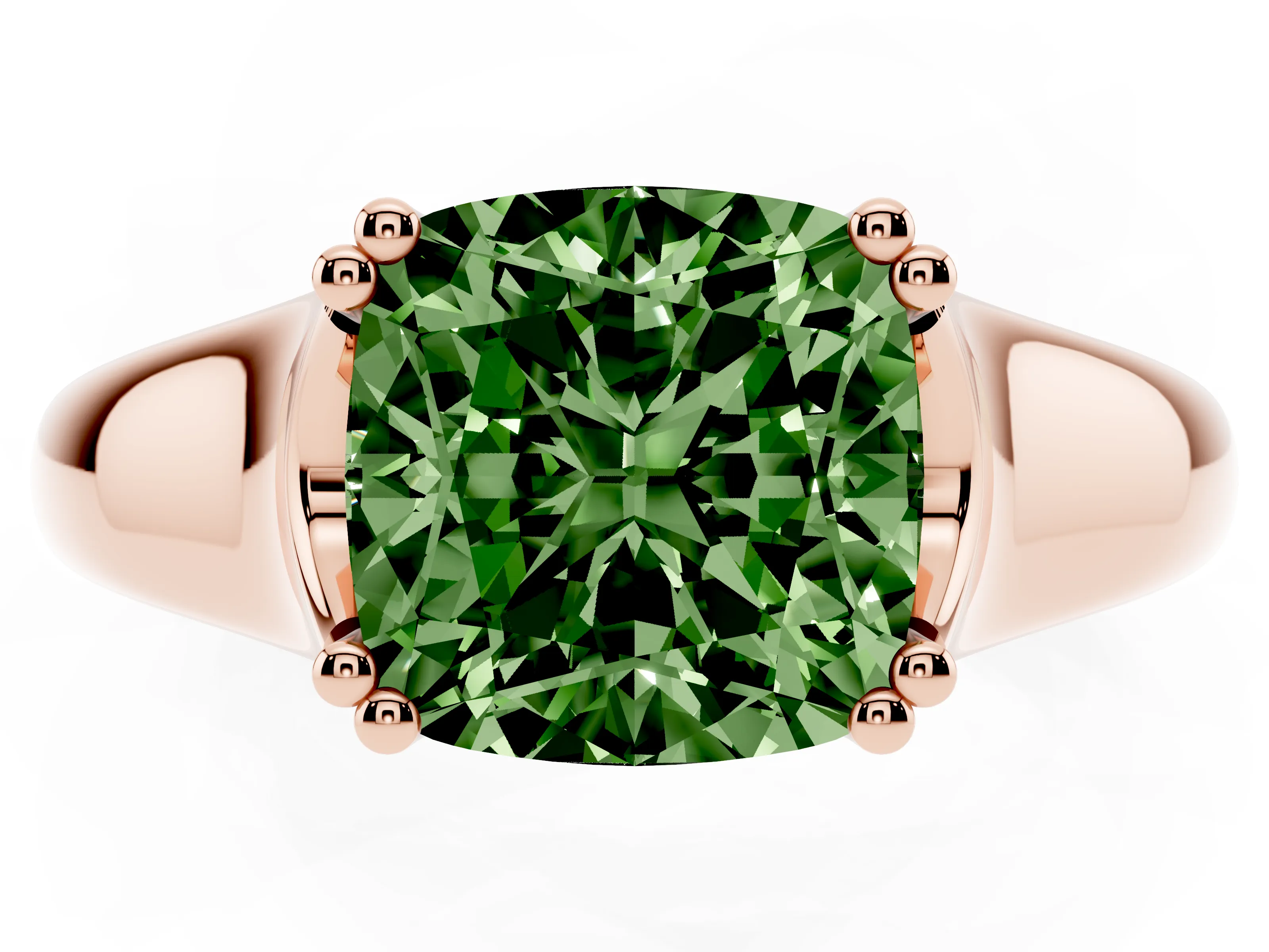 Fancy Green Cushion Cut Diamond Solitaire Ring Set in Rose gold with Wide Band and Prong Setting