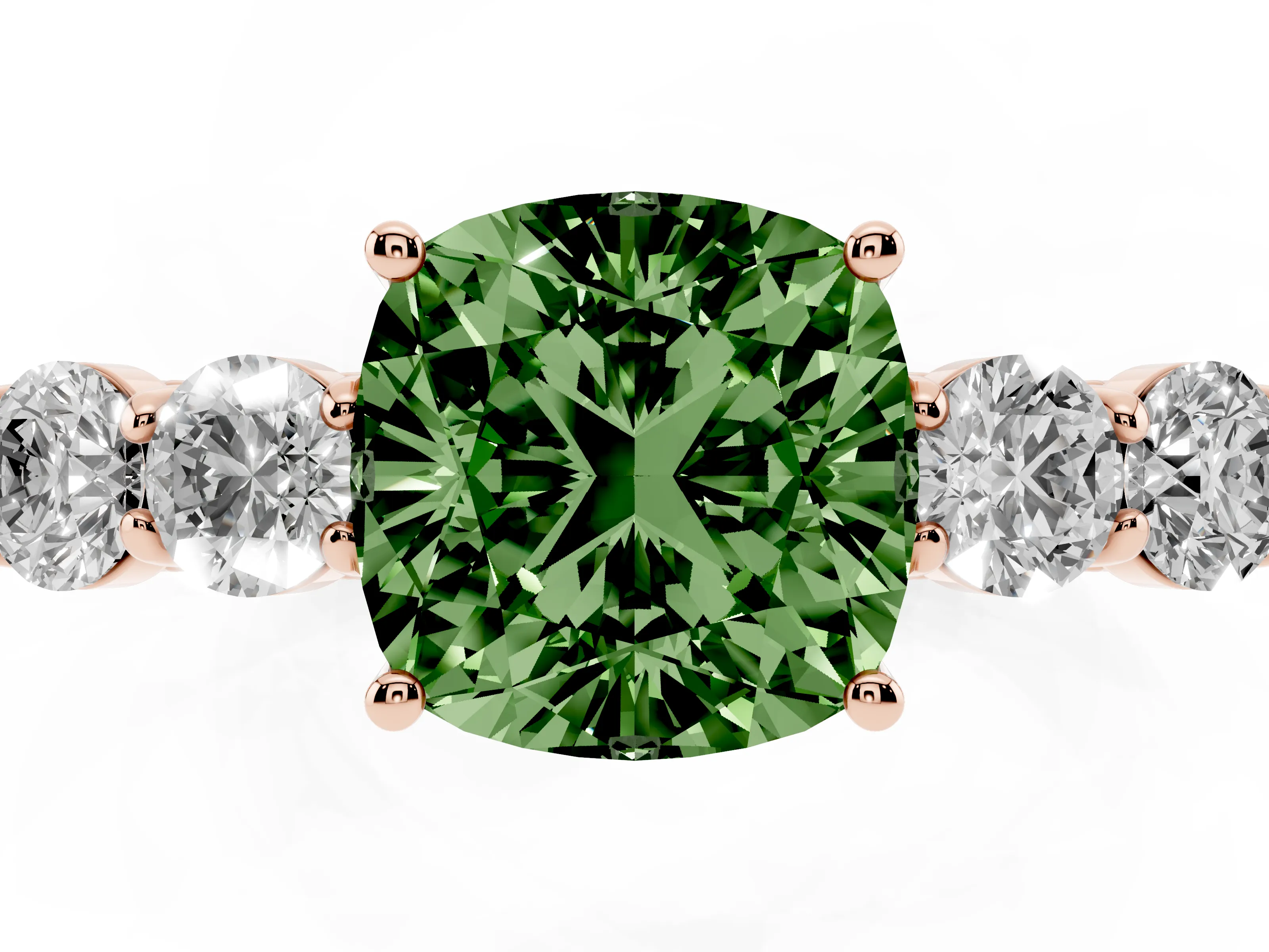Fancy Green Cushion Cut Diamond Five-Stone Prong Set Band Ring Set in Rose gold with Polished Band