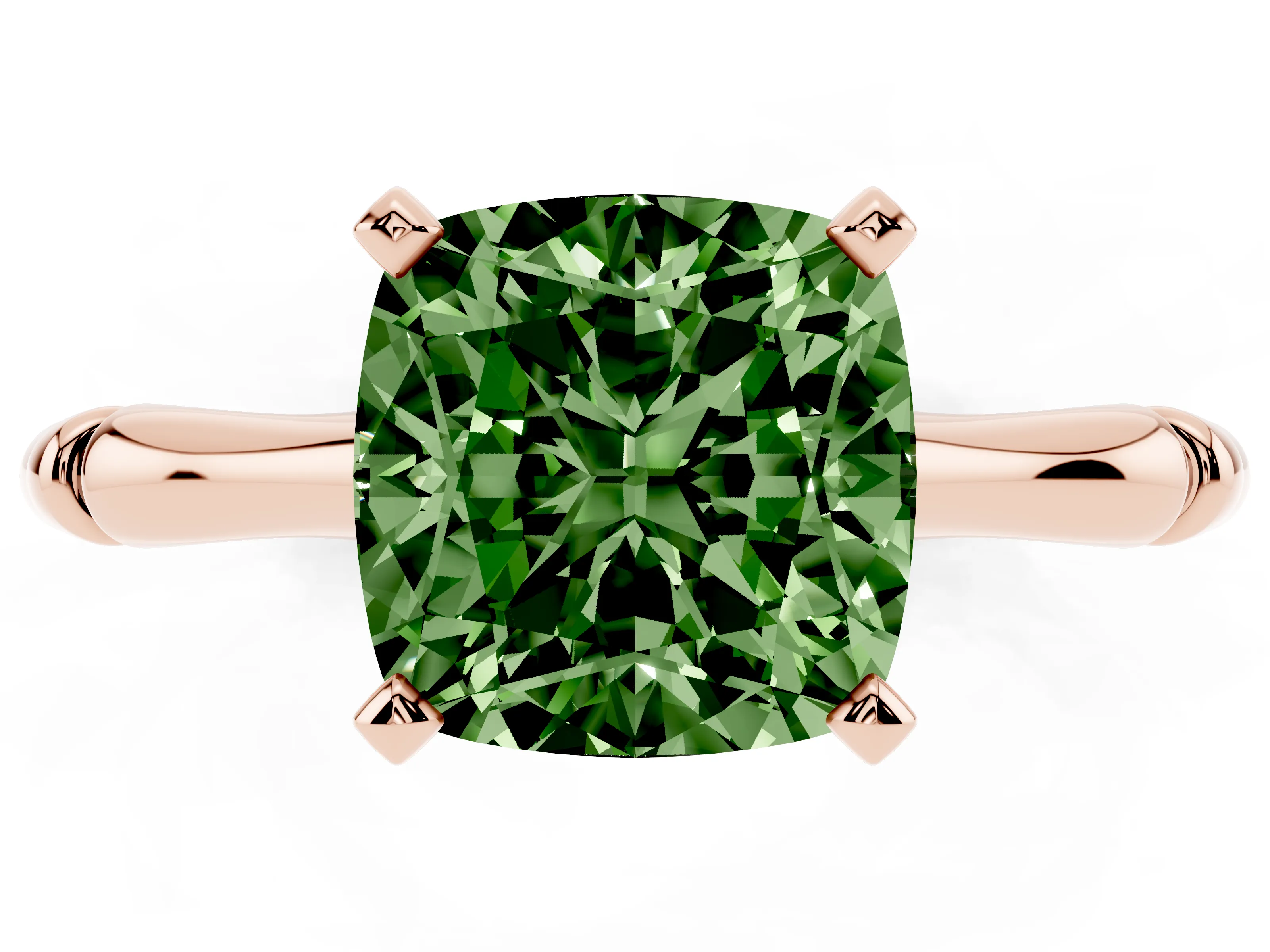 Fancy Green Cushion Cut Diamond Solitaire Ring Set in Rose gold with Bamboo Band and Prong Setting