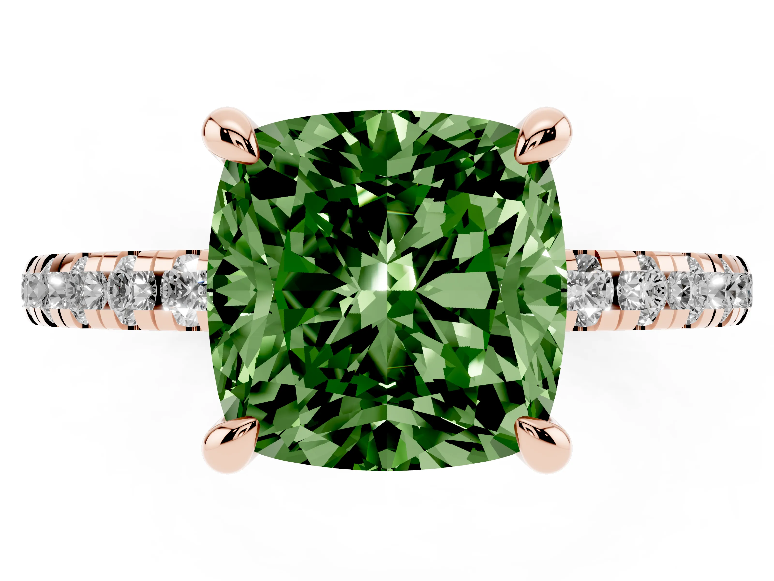 Fancy Green Cushion Cut Diamond Brilliant Solitaire Ring Set in Rose gold with Pavé Band and Prong Setting
