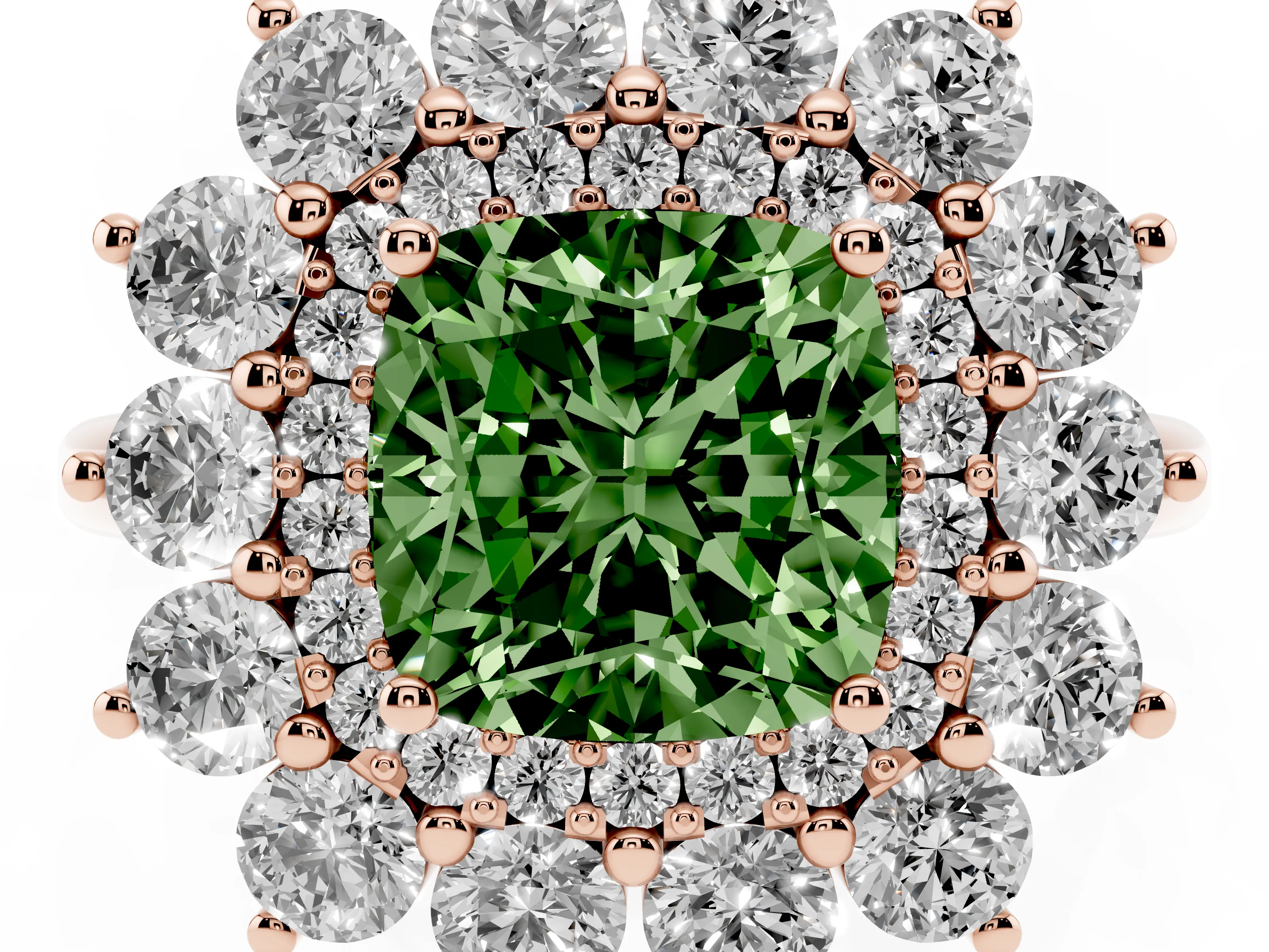 Fancy Green Cushion Cut Diamond Floral Double Halo Ring Set in Rose gold with Round Petals