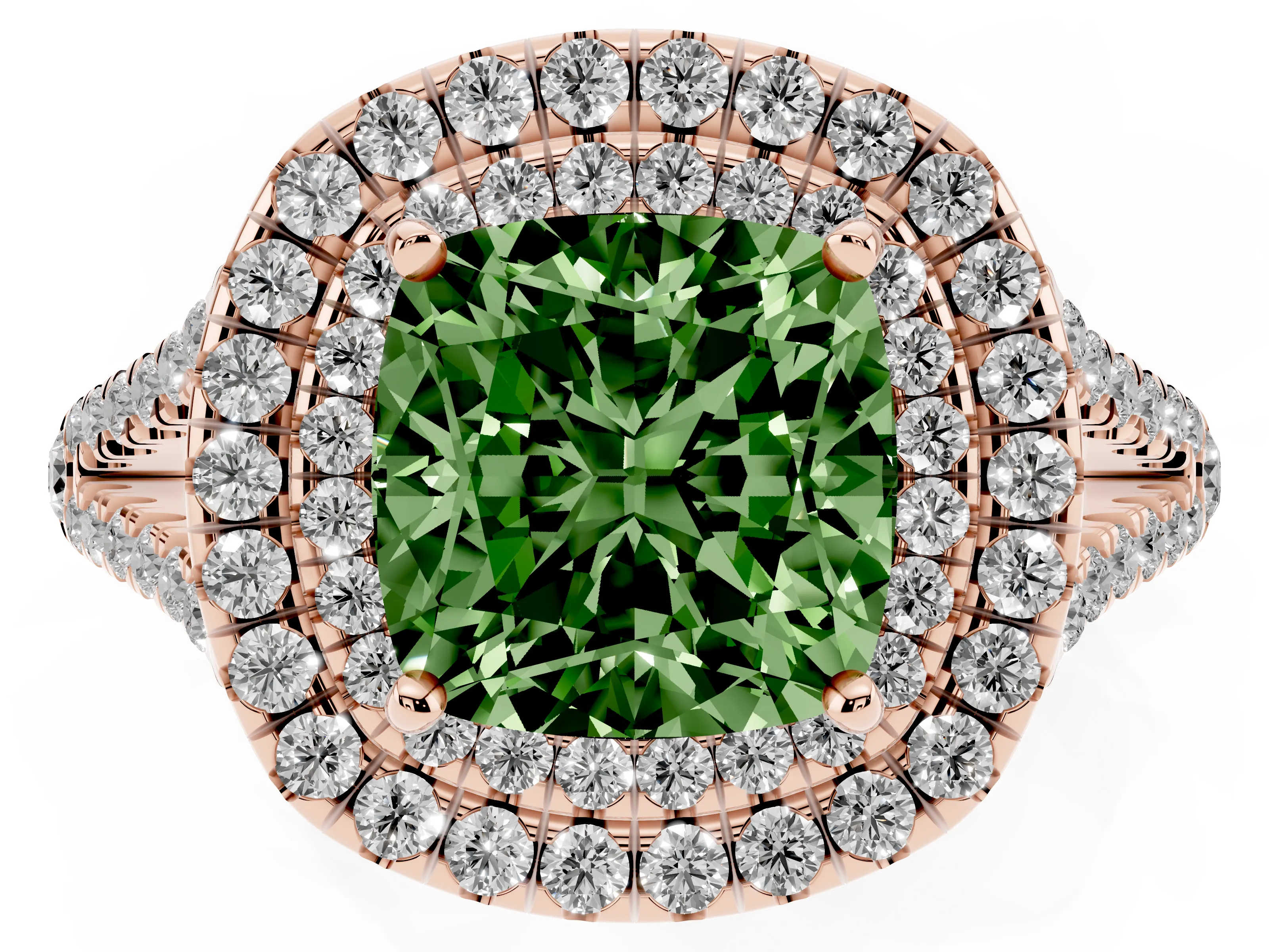 Fancy Green Cushion Cut Diamond Double Halo Ring Set in Rose gold with Pavé Band