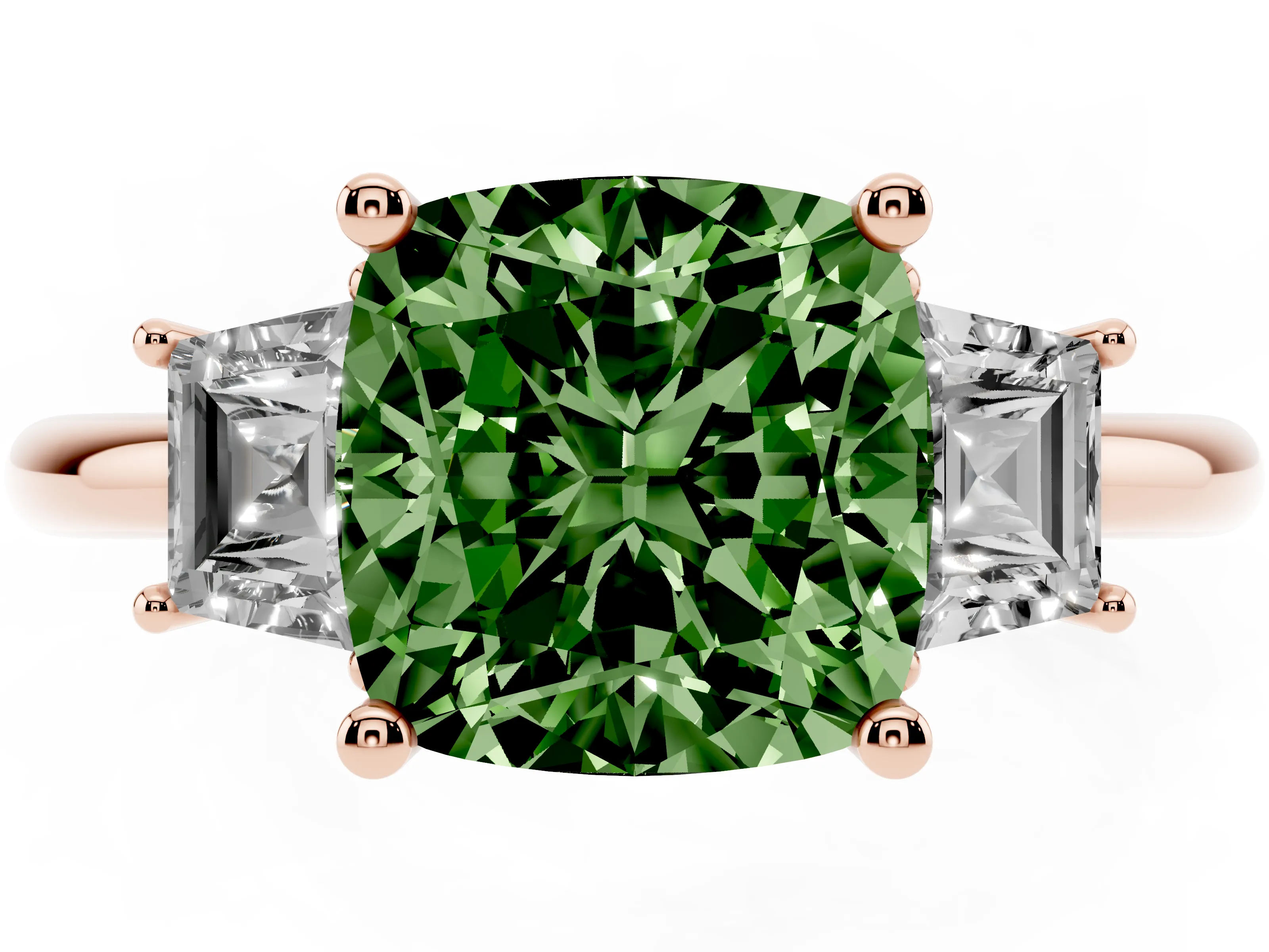 Fancy Green Cushion Cut Diamond Three-Stone Ring Set in Rose gold with Trapezoid Side Stones and Prong Setting