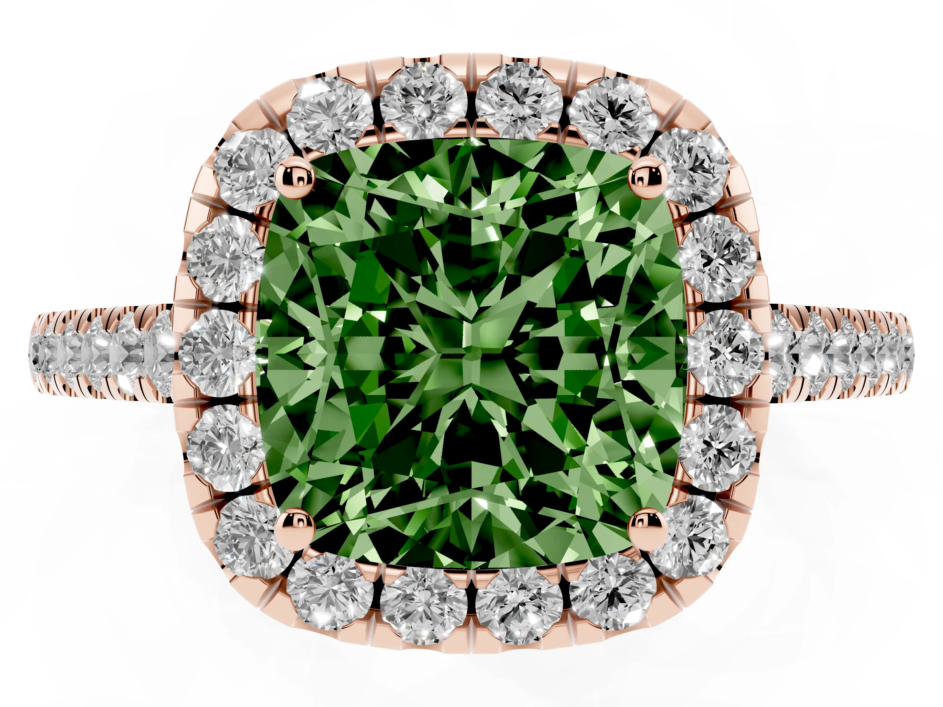 Fancy Green Cushion Cut Diamond Halo Pavé Engagement Ring Set in Rose gold with Prong Setting