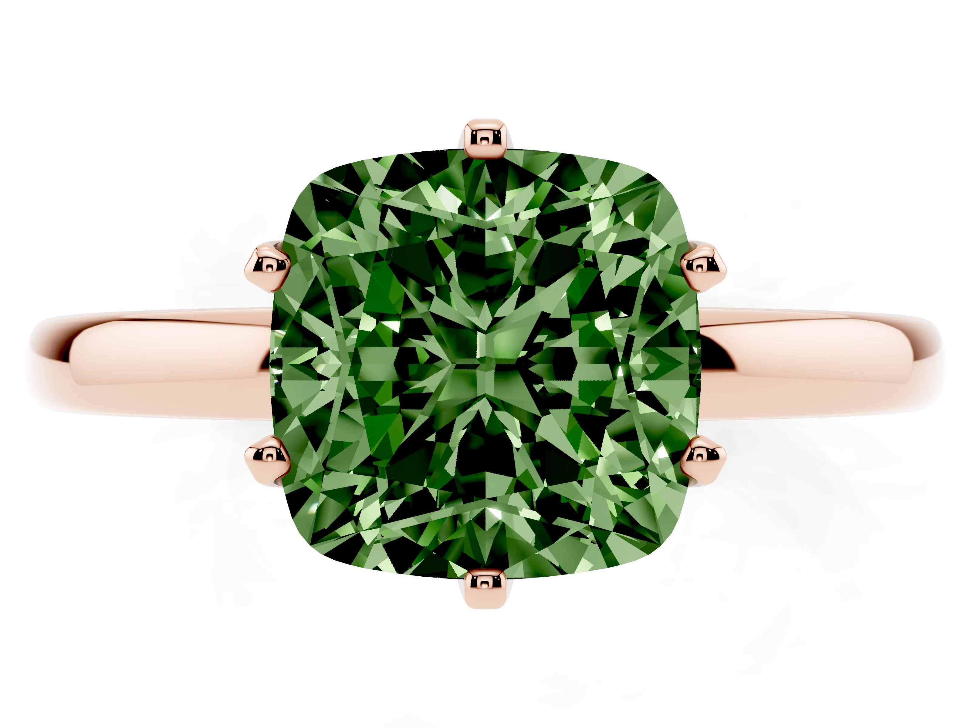 Fancy Green Cushion Cut Diamond Solitaire Ring Set in Rose gold with Raised Prong Setting on a Classic Band