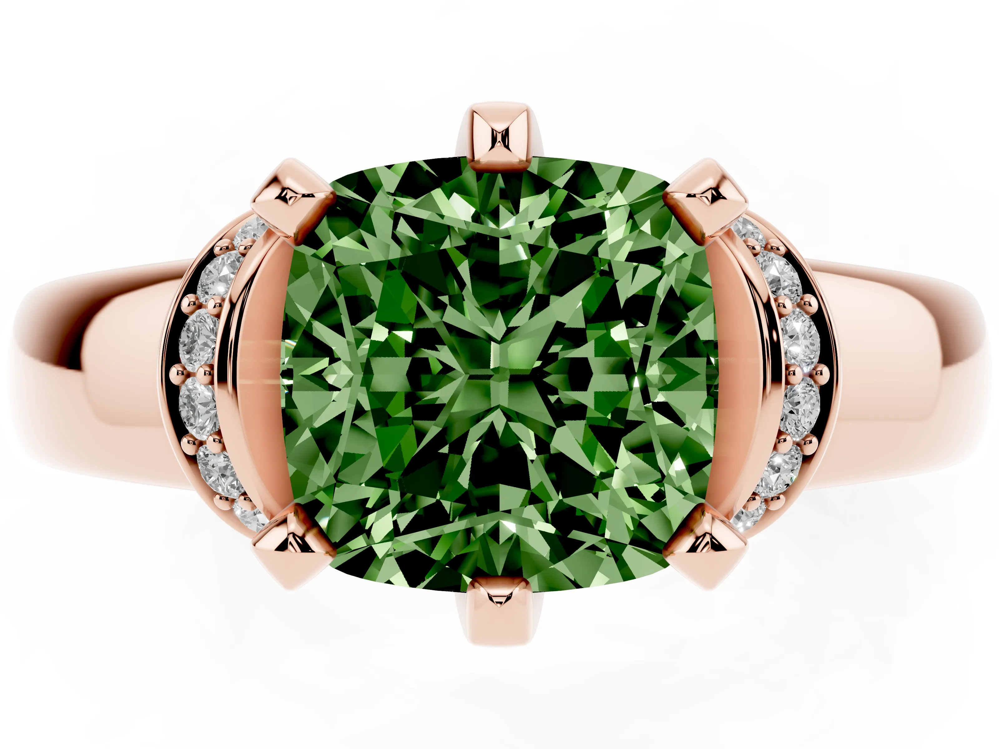 Fancy Green Cushion Cut Diamond Pavé Band Solitaire Ring Set in Rose gold with Prong Setting
