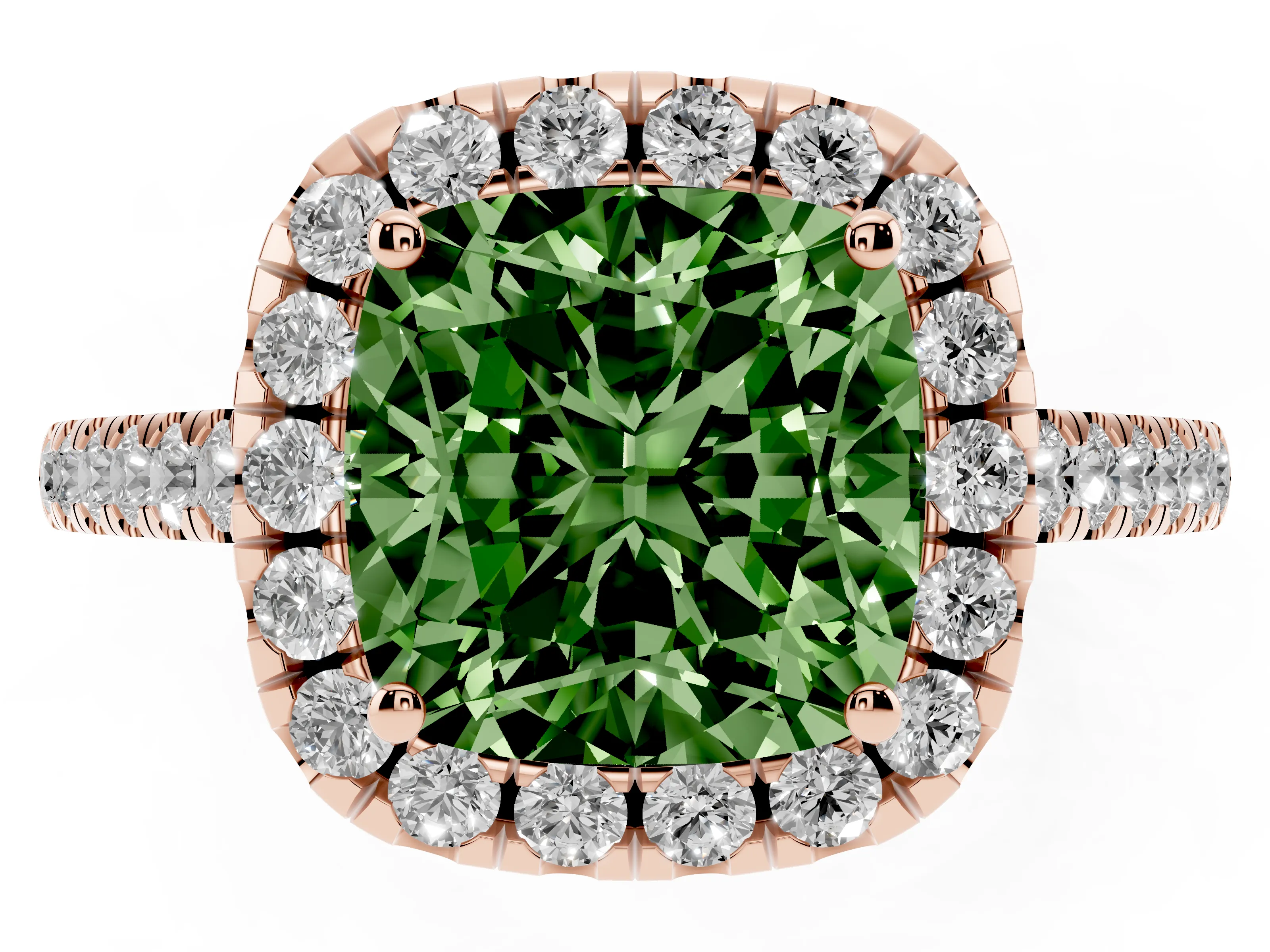 Fancy Green Cushion Cut Diamond Pavé Halo Engagement Ring Set in Rose gold with Pavé Band and Prong Setting