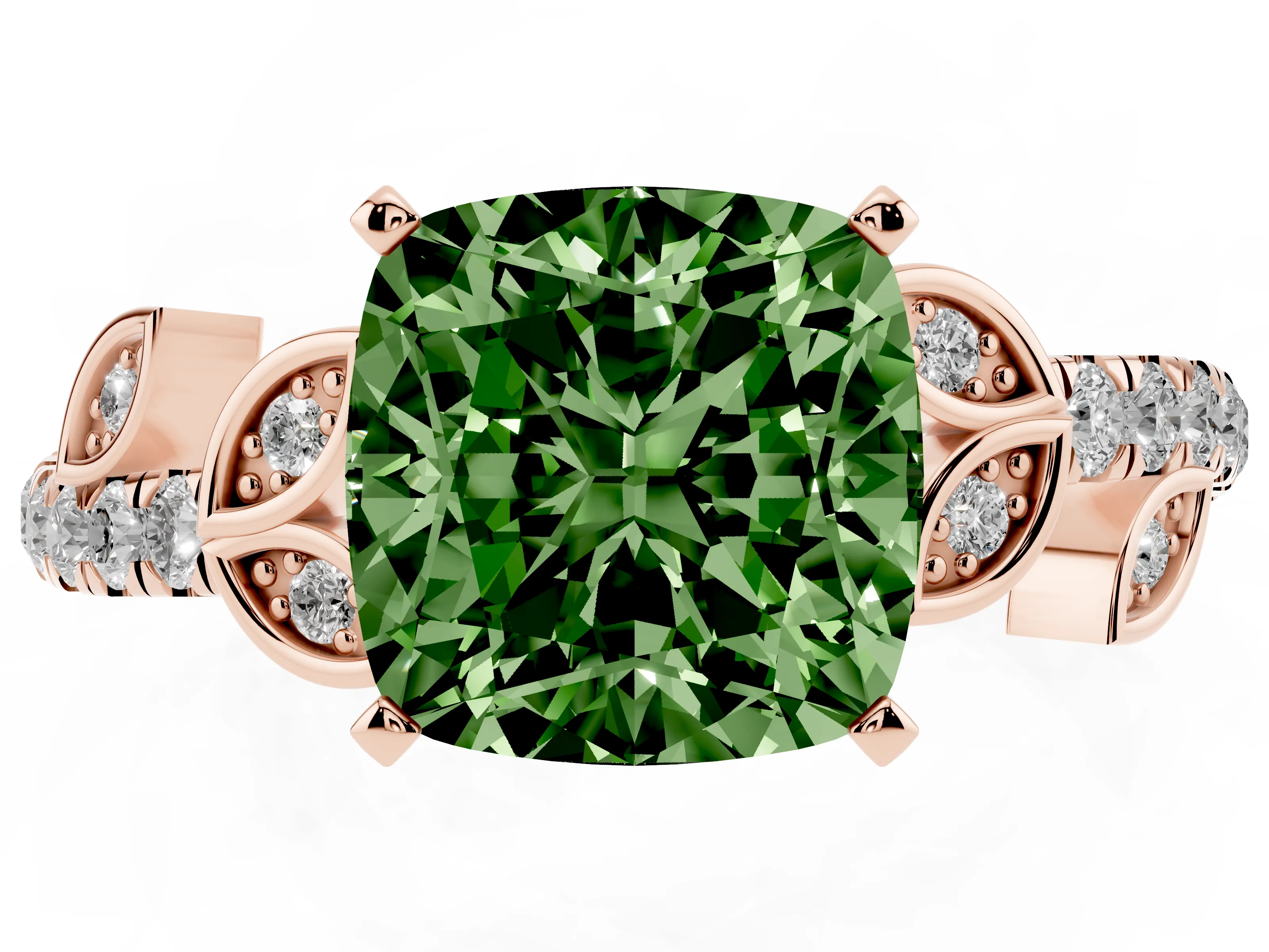 Fancy Green Cushion Cut Diamond Solitaire Leaf-Inspired Ring Set in Rose gold with Pavé Band and Prong Setting