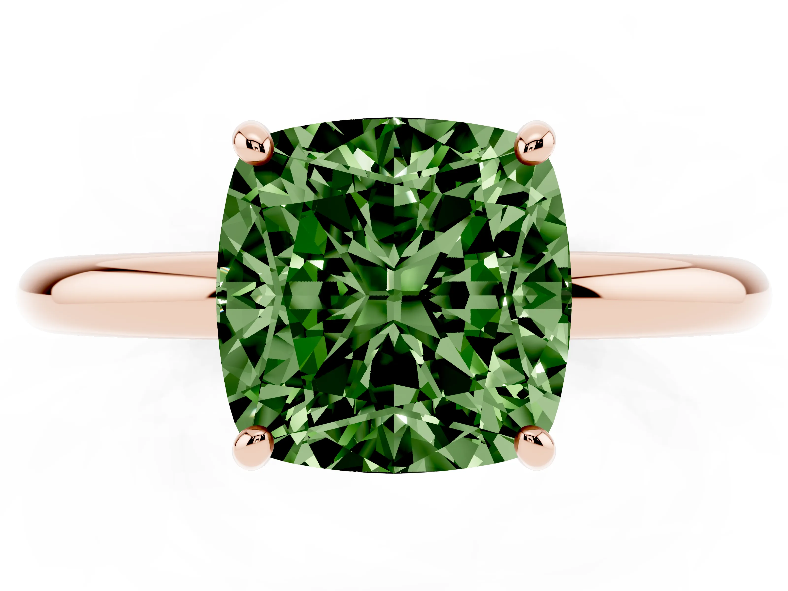 Fancy Green Cushion Cut Diamond Solitaire Ring Set in Rose gold with Prong Setting on a Polished Plain Band