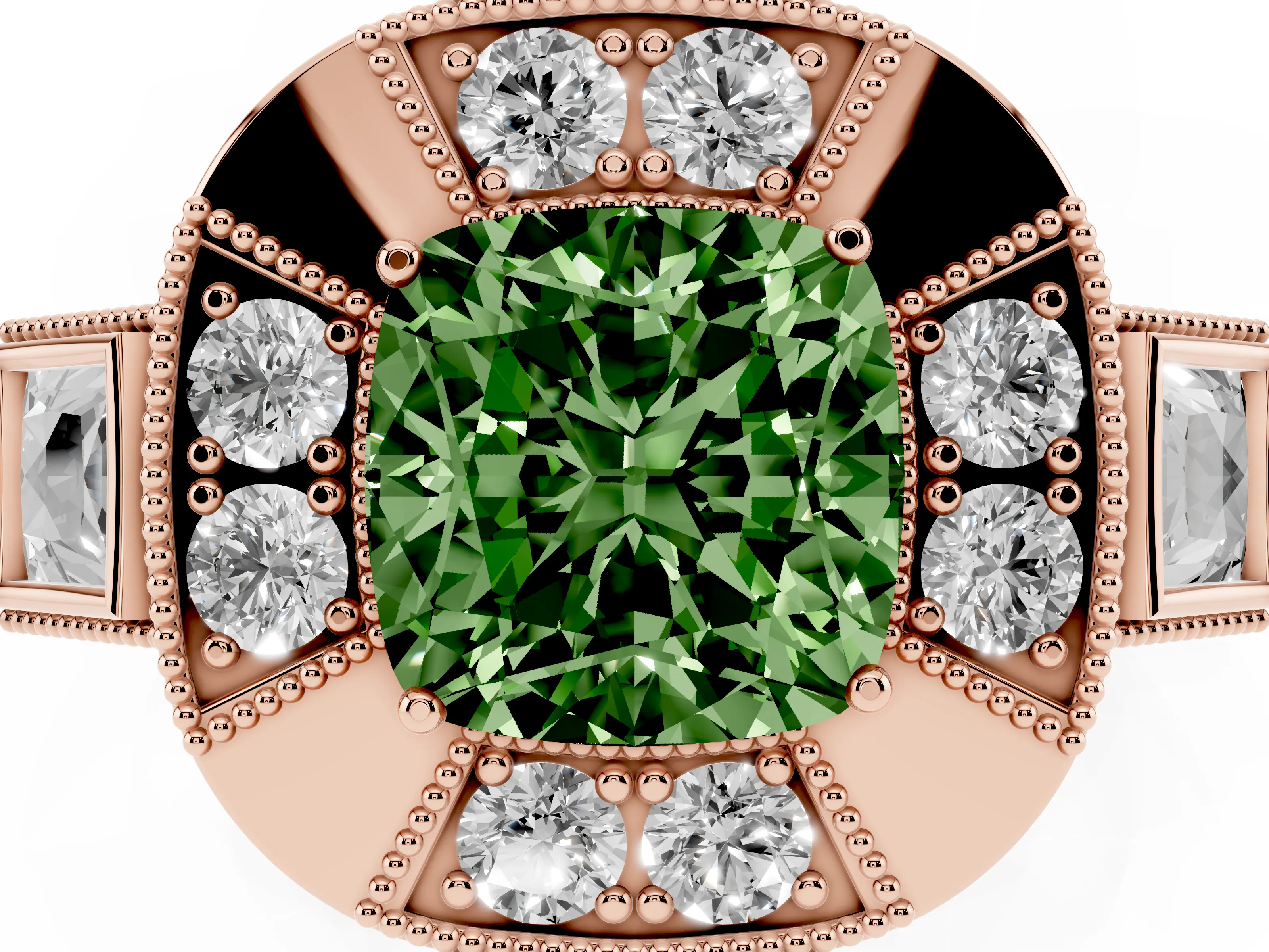 Fancy Green Cushion Cut Diamond Milgrain Halo Ring Set in Rose gold with Split Shank