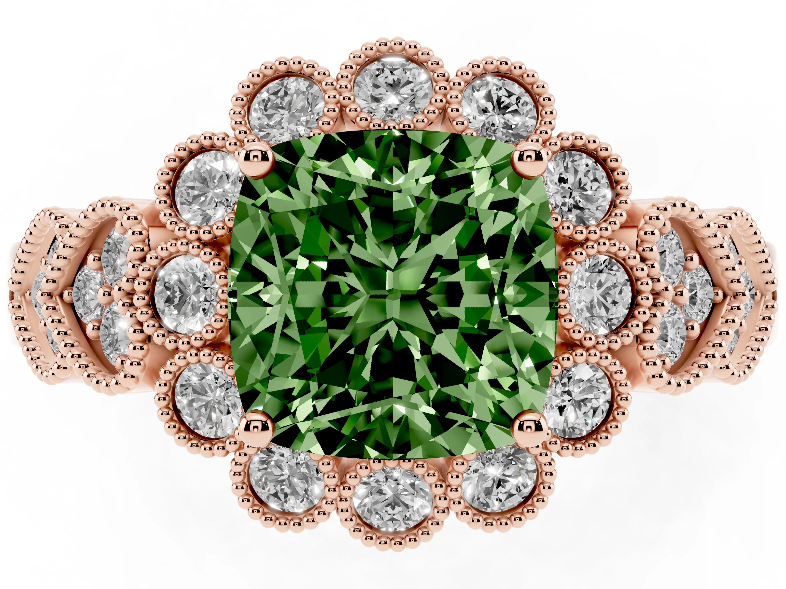 Fancy Green Cushion Cut Diamond Solitaire Ring Set in Rose gold with Milgrain Pavé Heart Band