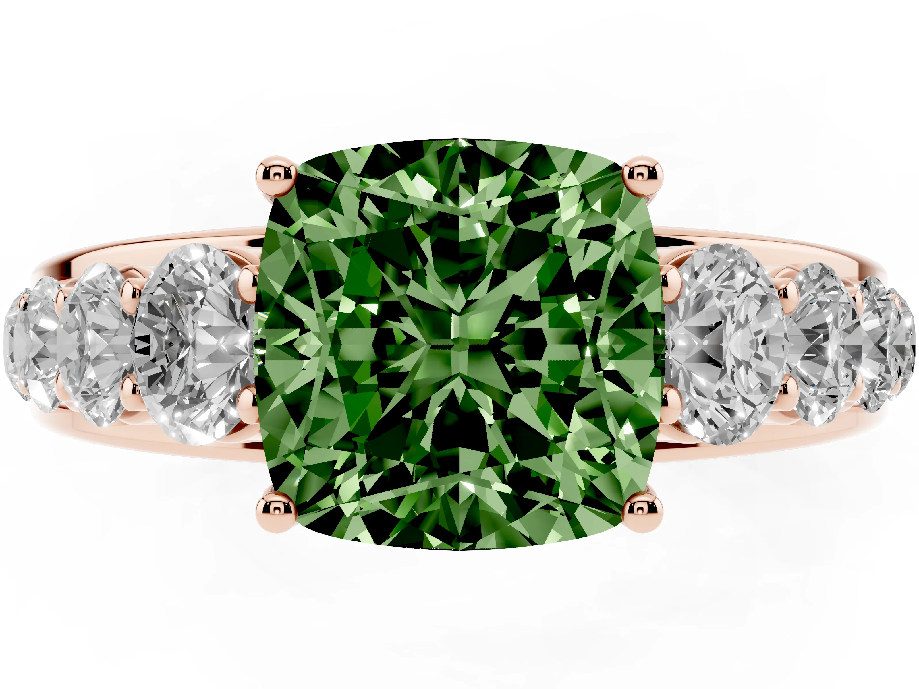 Fancy Green Cushion Cut Diamond Solitaire Ring Set in Rose gold with Pavé-Set Band and Prong Setting