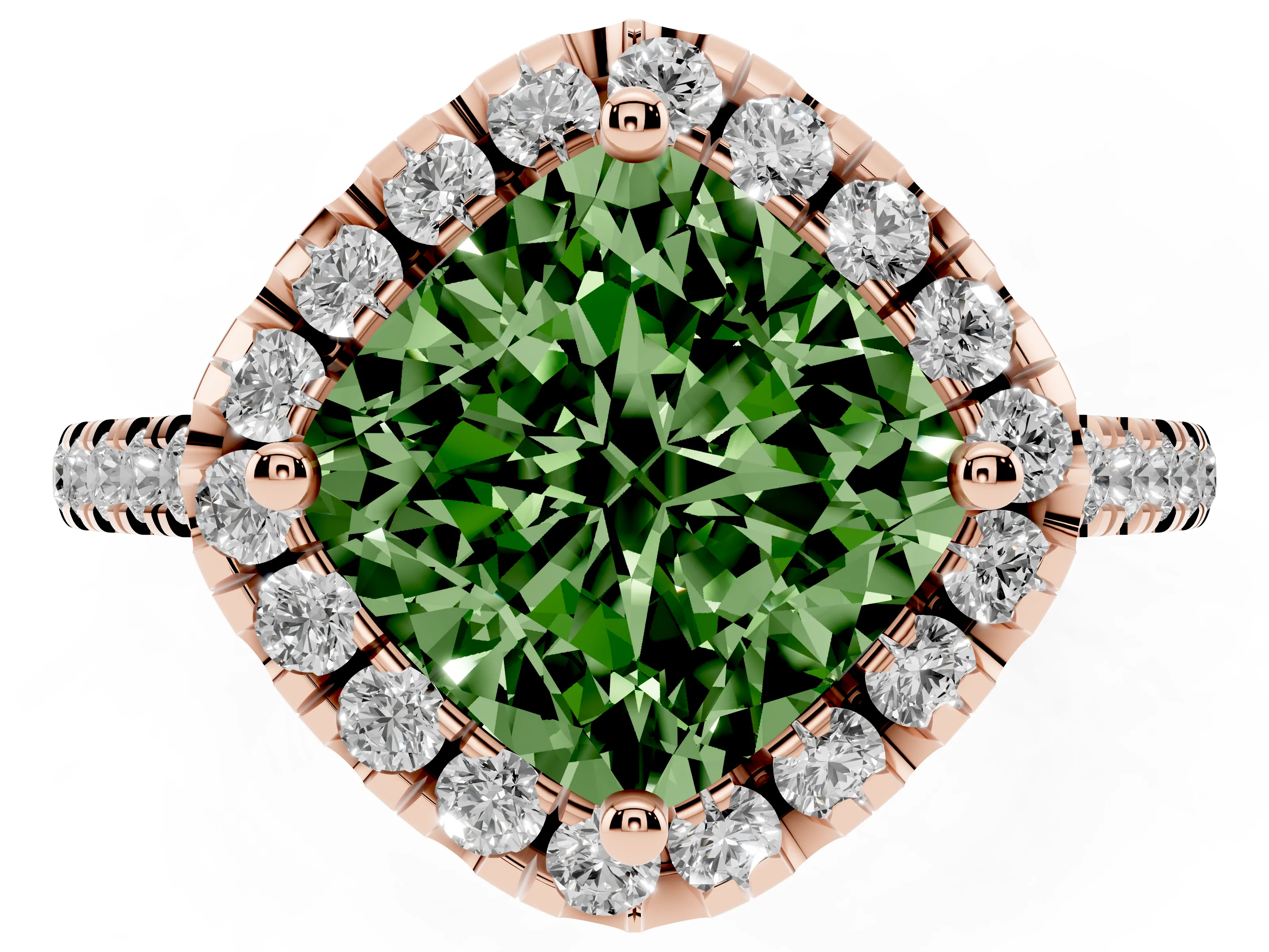 Fancy Green Cushion Cut Diamond Cushion Halo Ring Set in Rose gold with Pavé Band