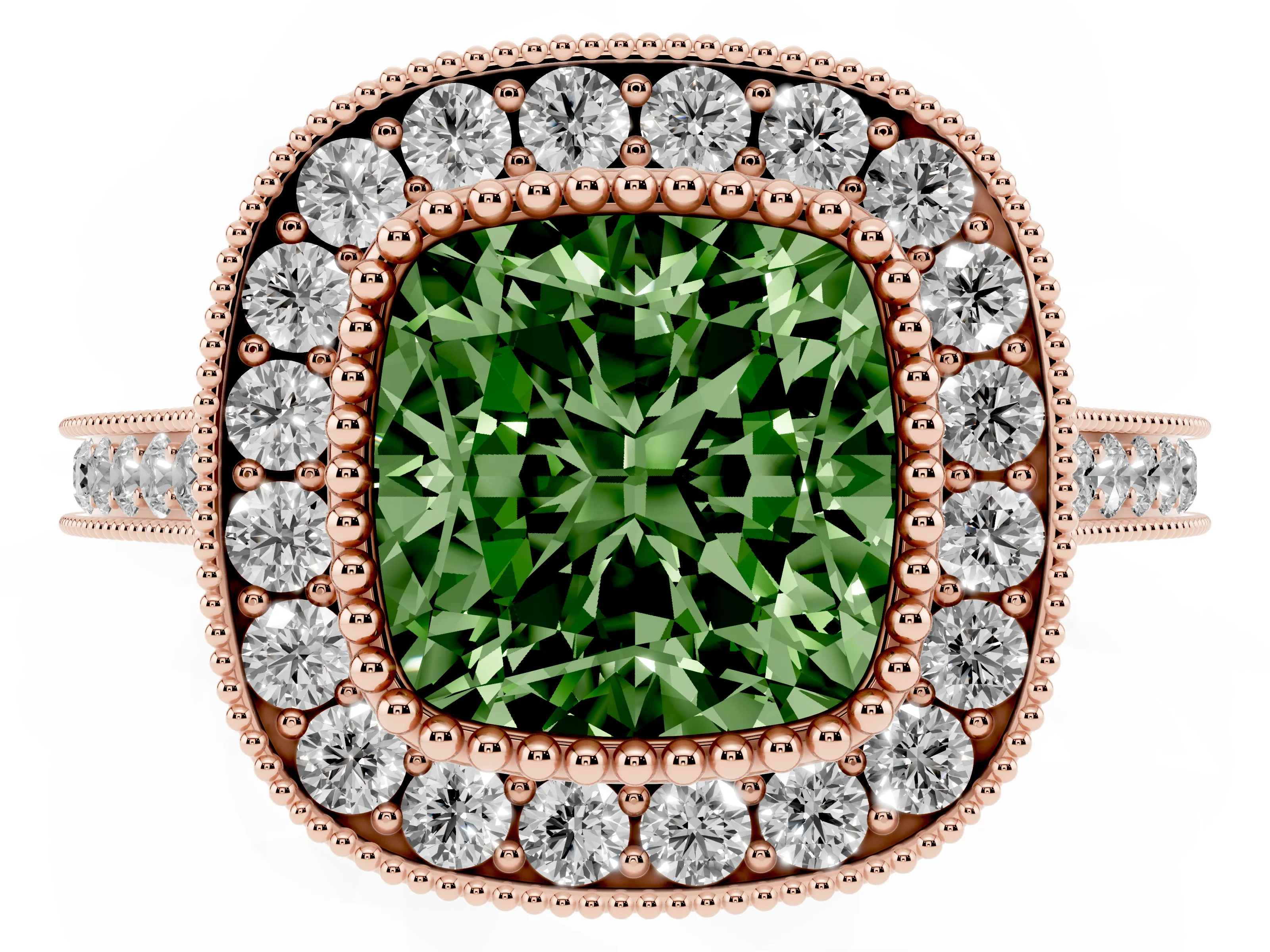 Fancy Green Cushion Cut Diamond Halo Ring Set in Rose gold with Milgrain Frame and Pavé Band