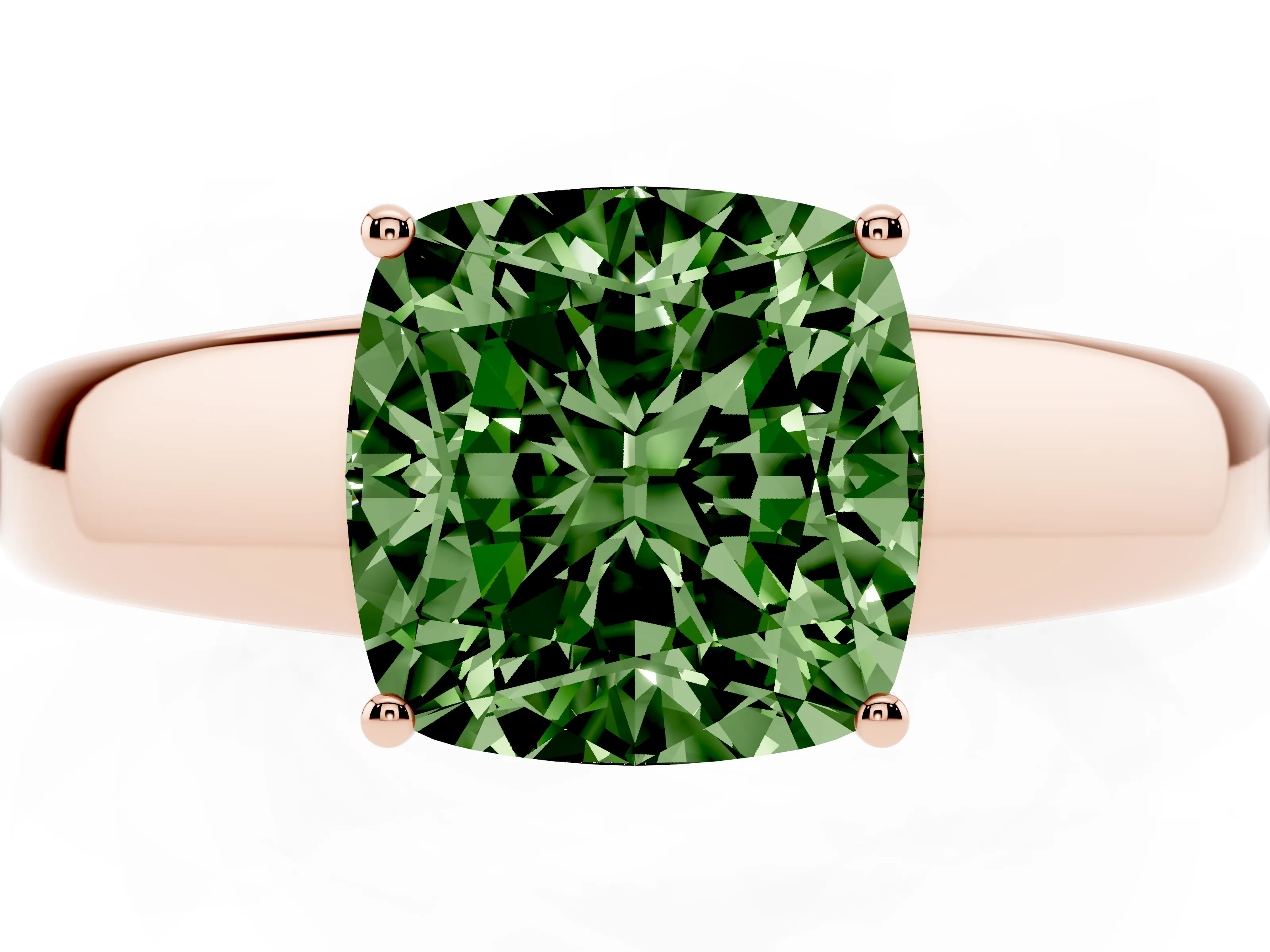 Fancy Green Cushion Cut Diamond Solitaire Ring Set in Rose gold with Tapered Band and Prong Setting