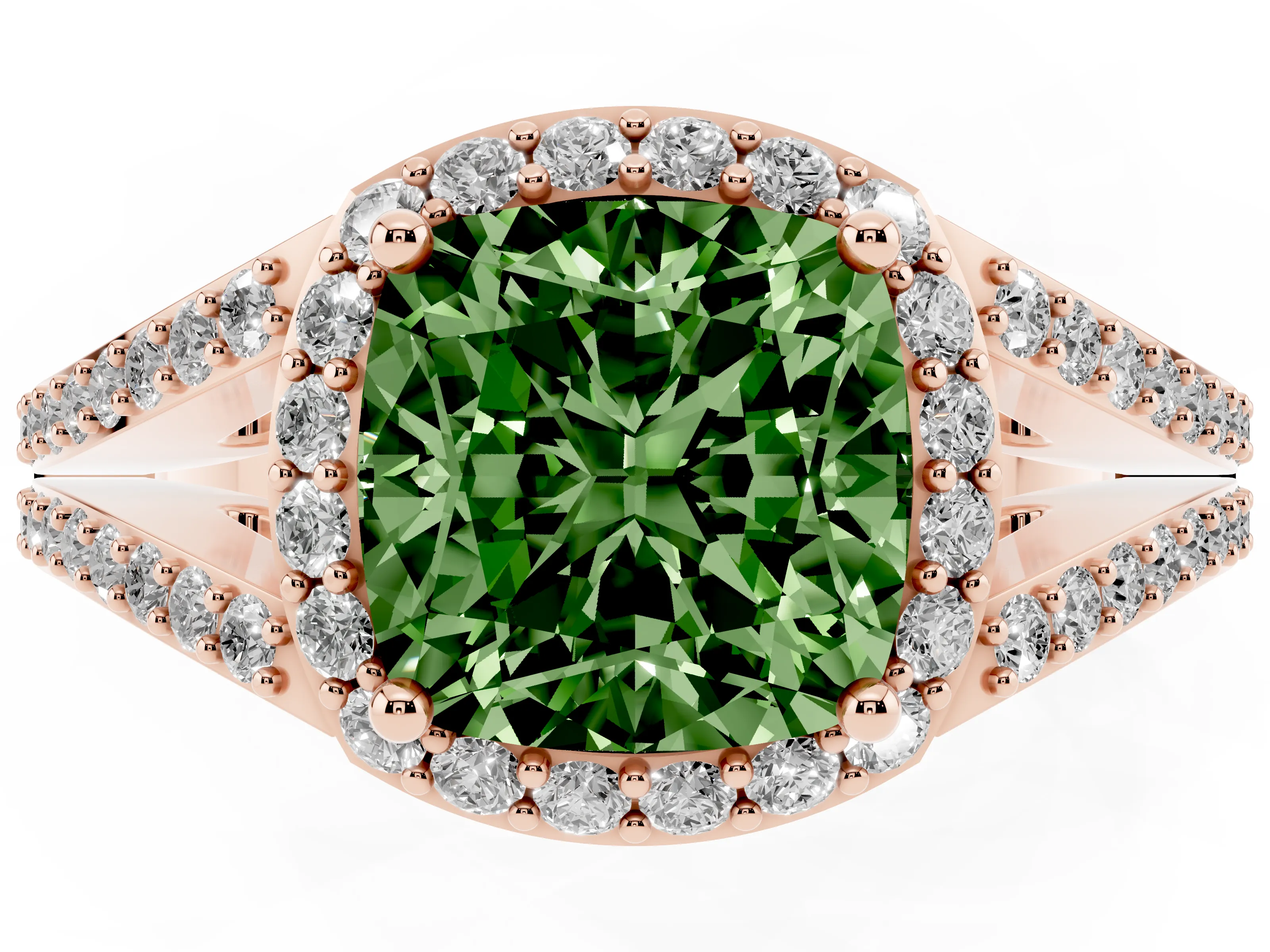 Fancy Green Cushion Cut Diamond Halo Split Shank Ring Set in Rose gold with Accent Stones and Prong Setting