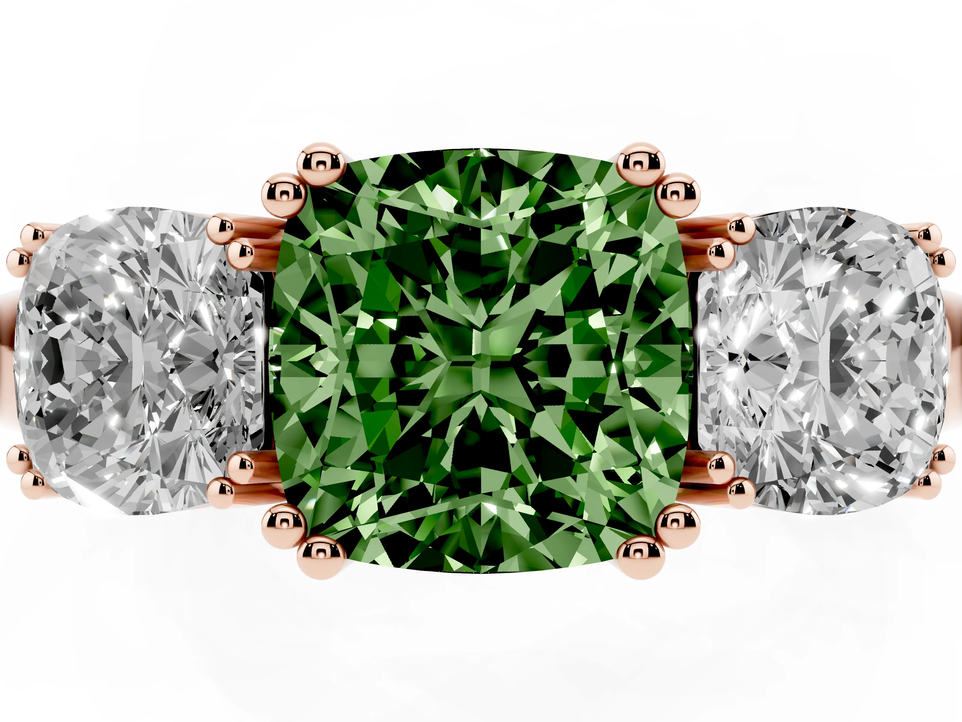 Fancy Green Cushion Cut Diamond Three-Stone Ring Set in Rose gold with Polished Band and Prong Setting