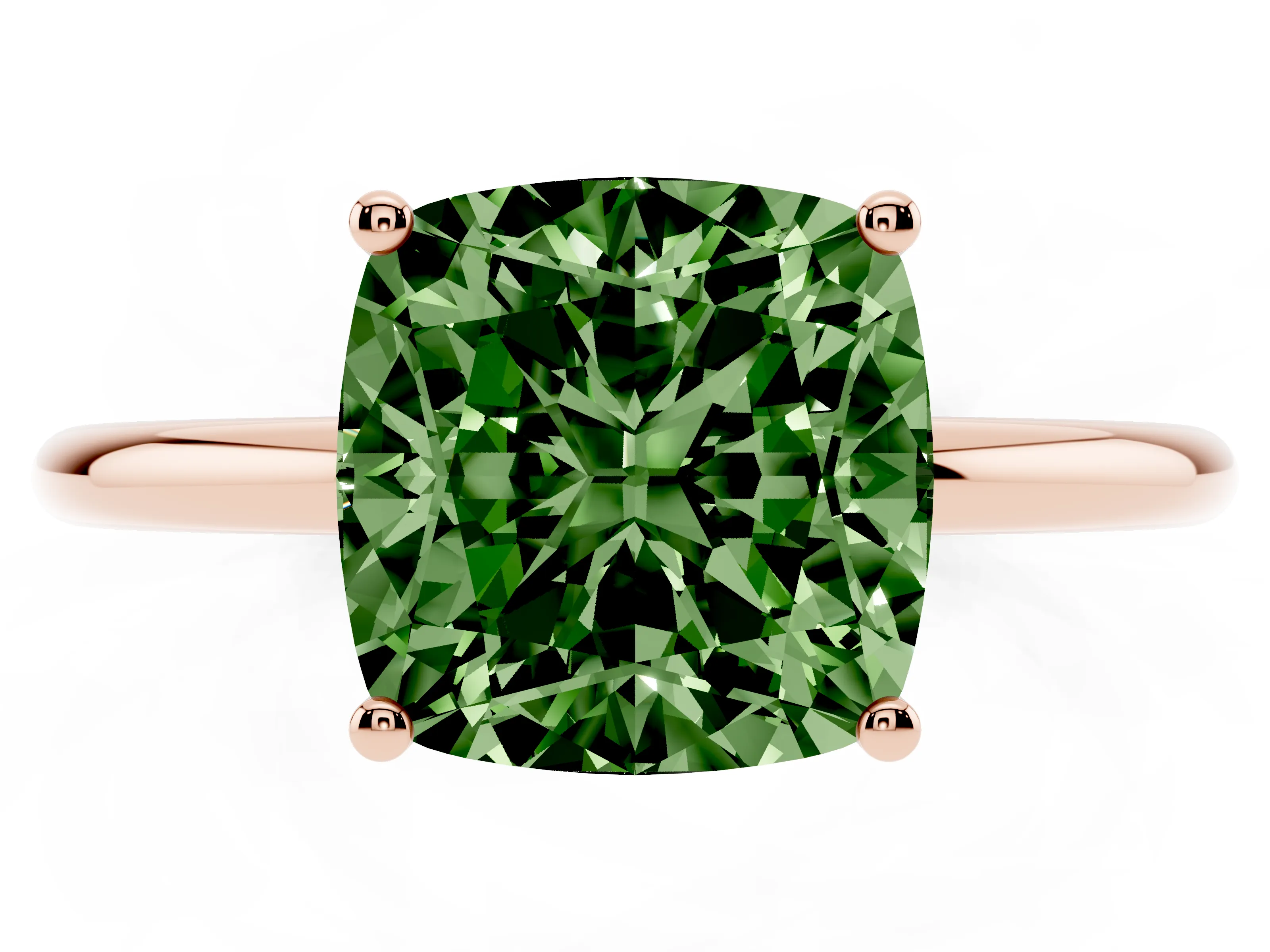 Fancy Green Cushion Cut Diamond Solitaire Engagement Ring Set in Rose gold with Thin Band and Prong Setting