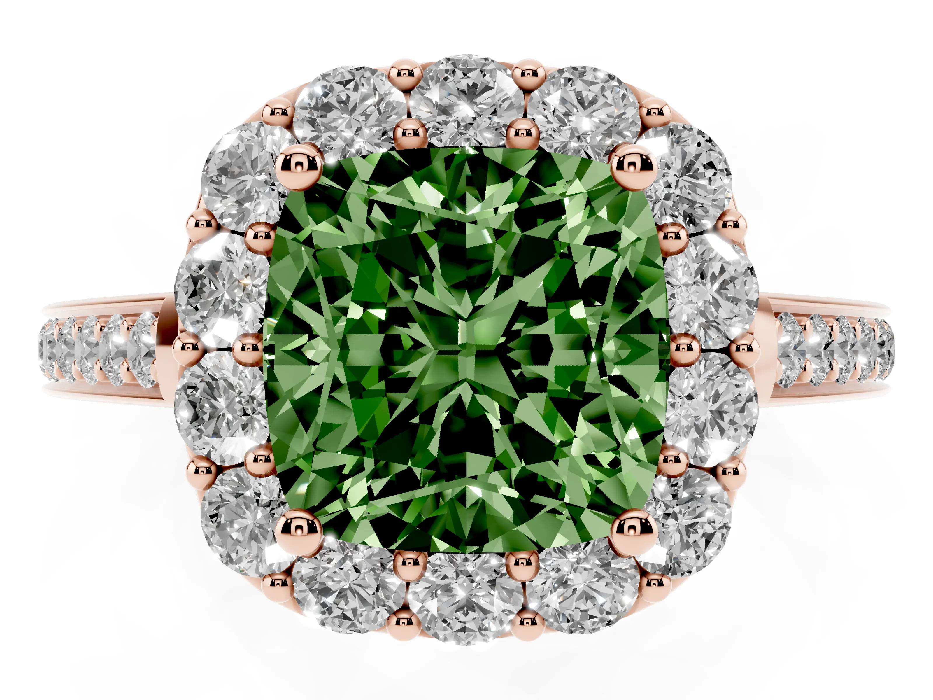 Fancy Green Cushion Cut Diamond Floral Halo Ring Set in Rose gold with Pavé Band and Prong Setting