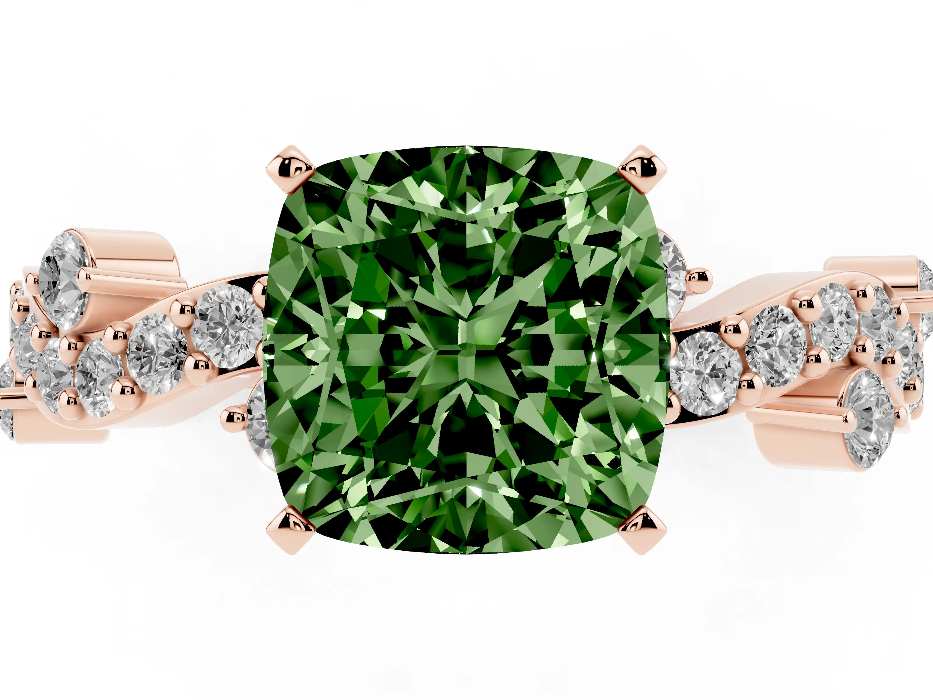 Fancy Green Cushion Cut Diamond Solitaire Twisted Band Set in Rose gold with Pavé Setting