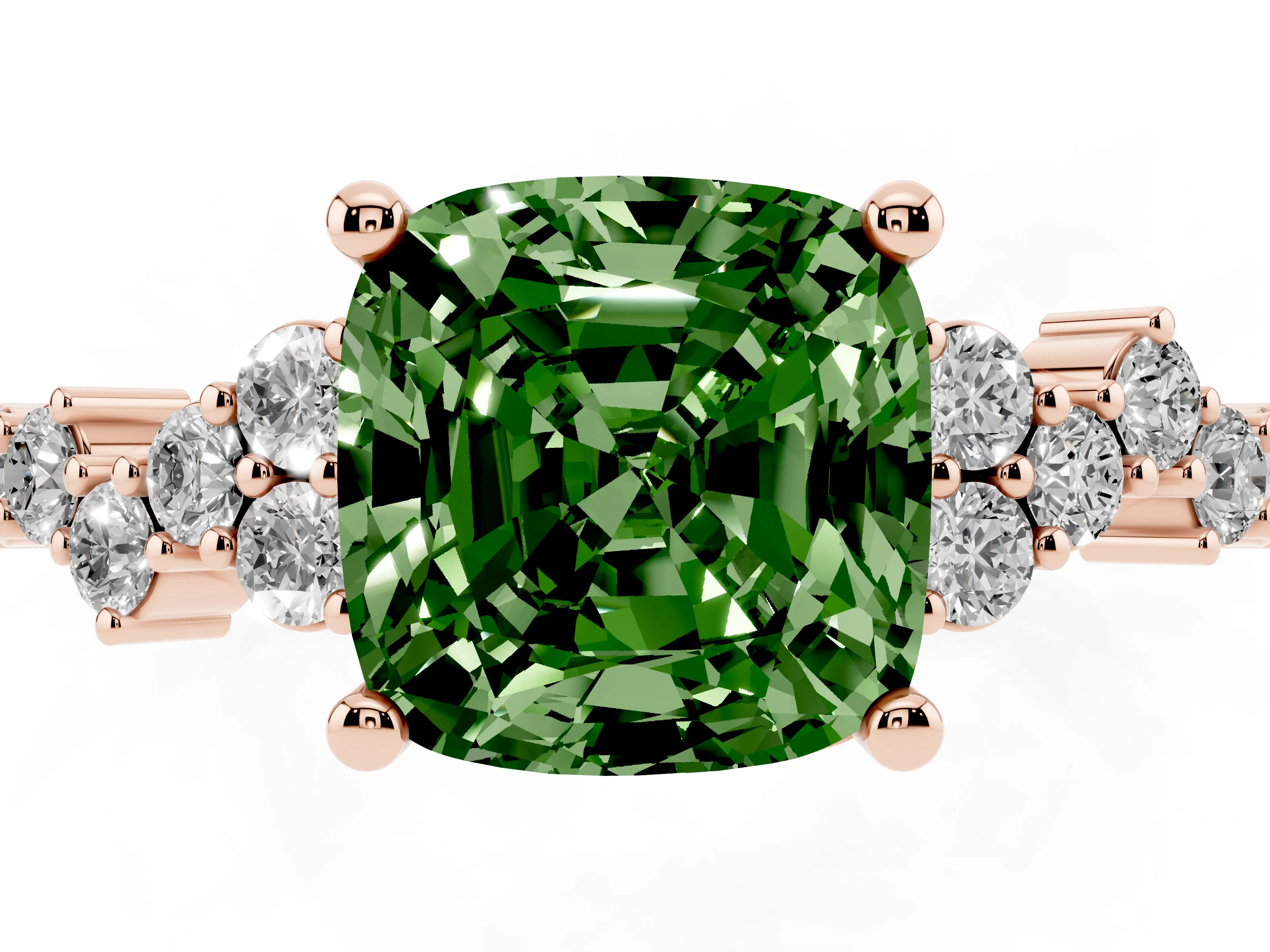 Fancy Green Cushion Cut Diamond Ring Set in Rose gold with Scattered Round Accents