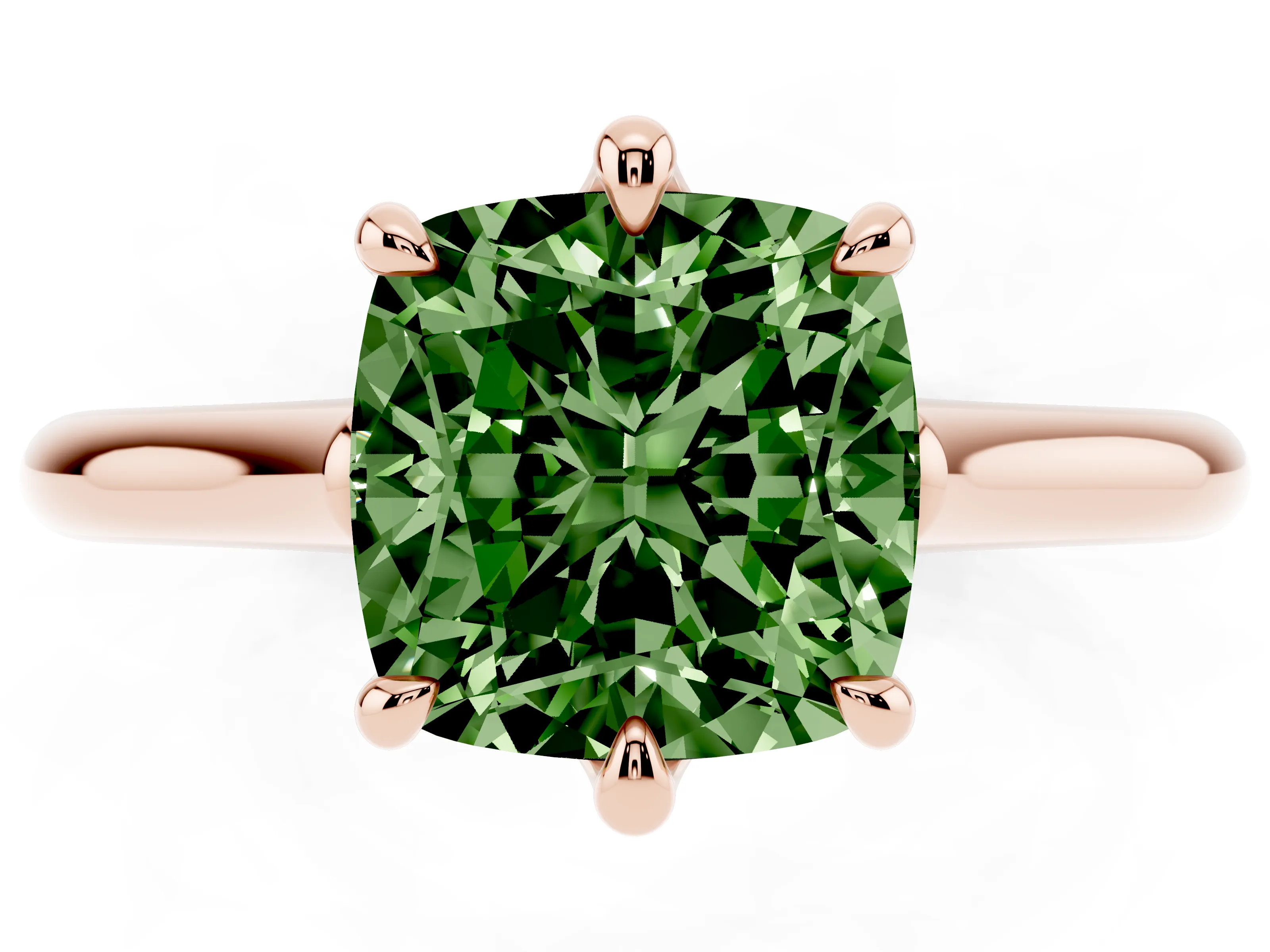 Fancy Green Cushion Cut Diamond Solitaire Engagement Ring Set in Rose gold with Prong Setting and Plain Classic Band