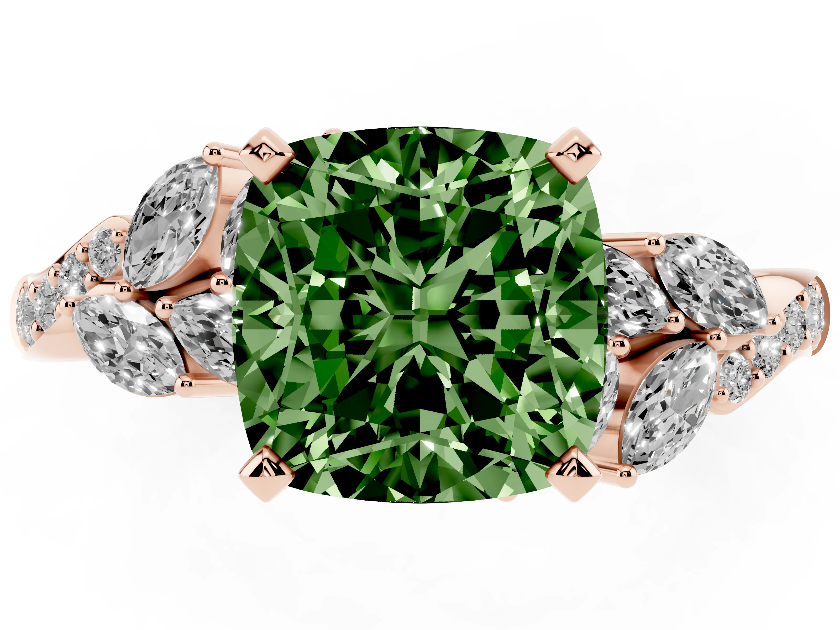 Fancy Green Cushion Cut Diamond Solitaire Ring Set in Rose gold with Marquise Twist Band and Prong Setting