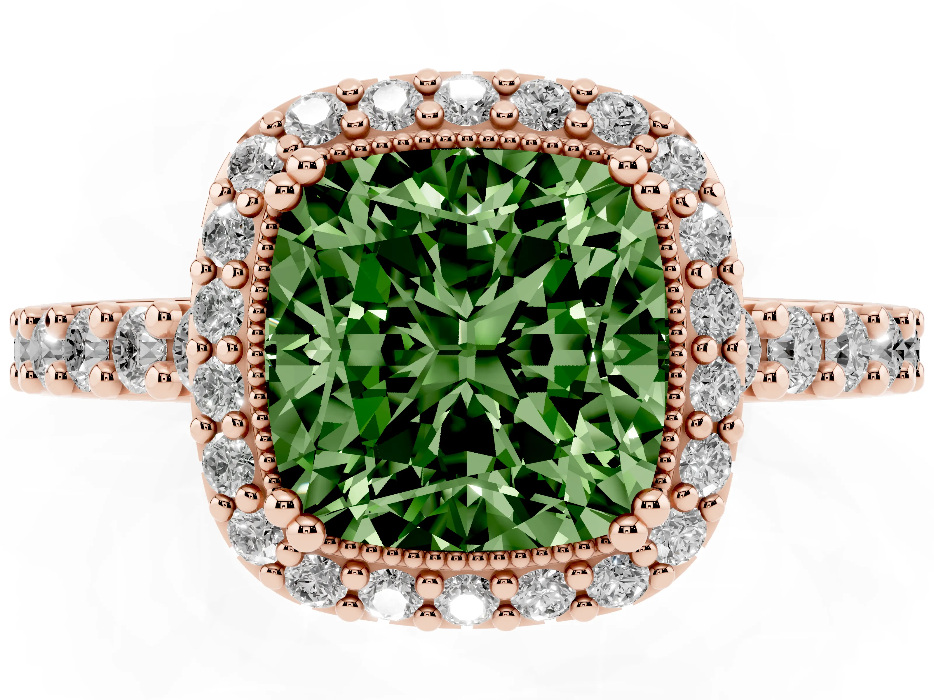 Fancy Green Cushion Cut Diamond Halo Engagement Ring Set in Rose gold with Milgrain Detail and Pavé Band