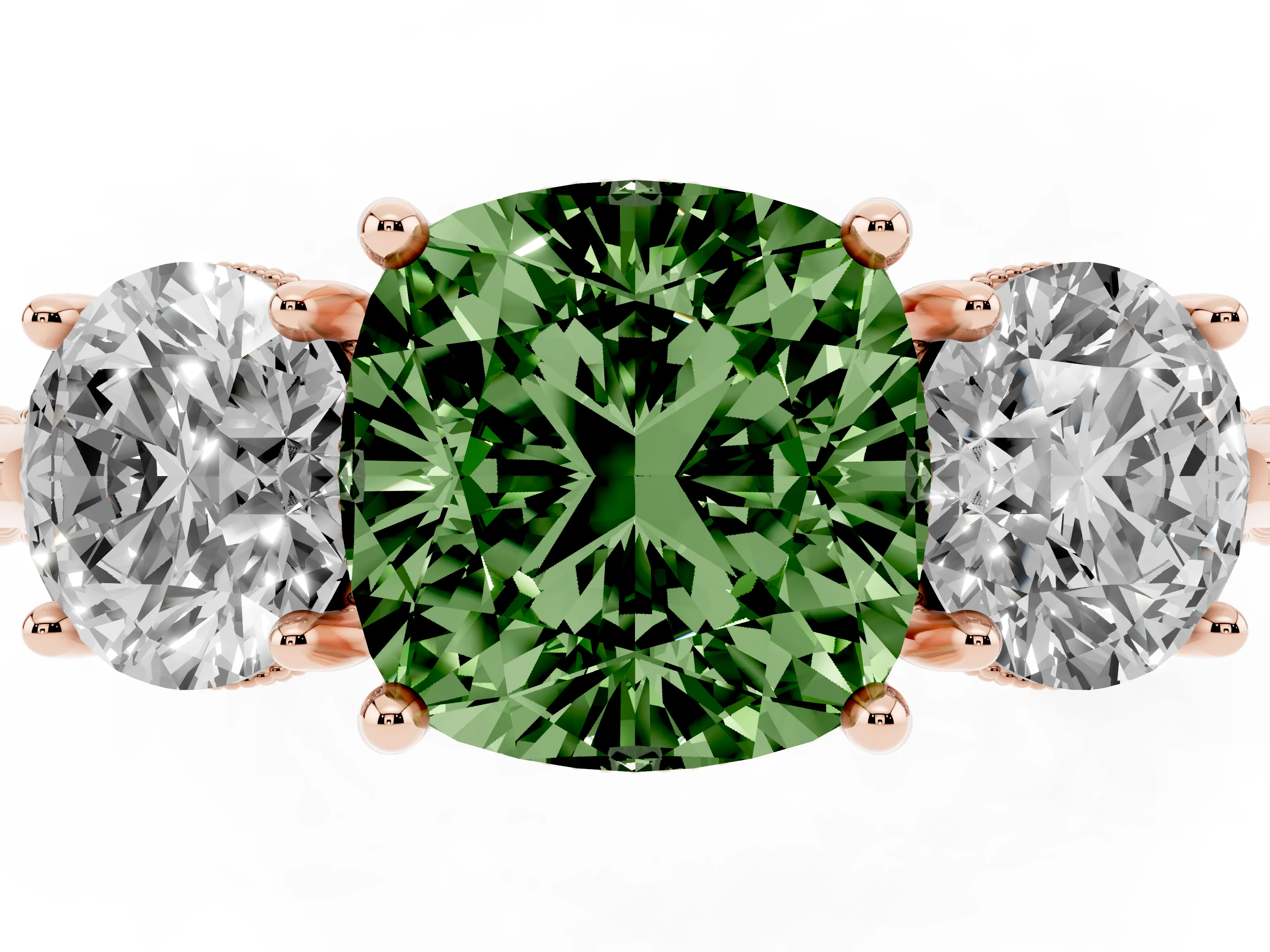 Fancy Green Cushion Cut Diamond Three-Stone Ring Set in Rose gold with Milgrain Band