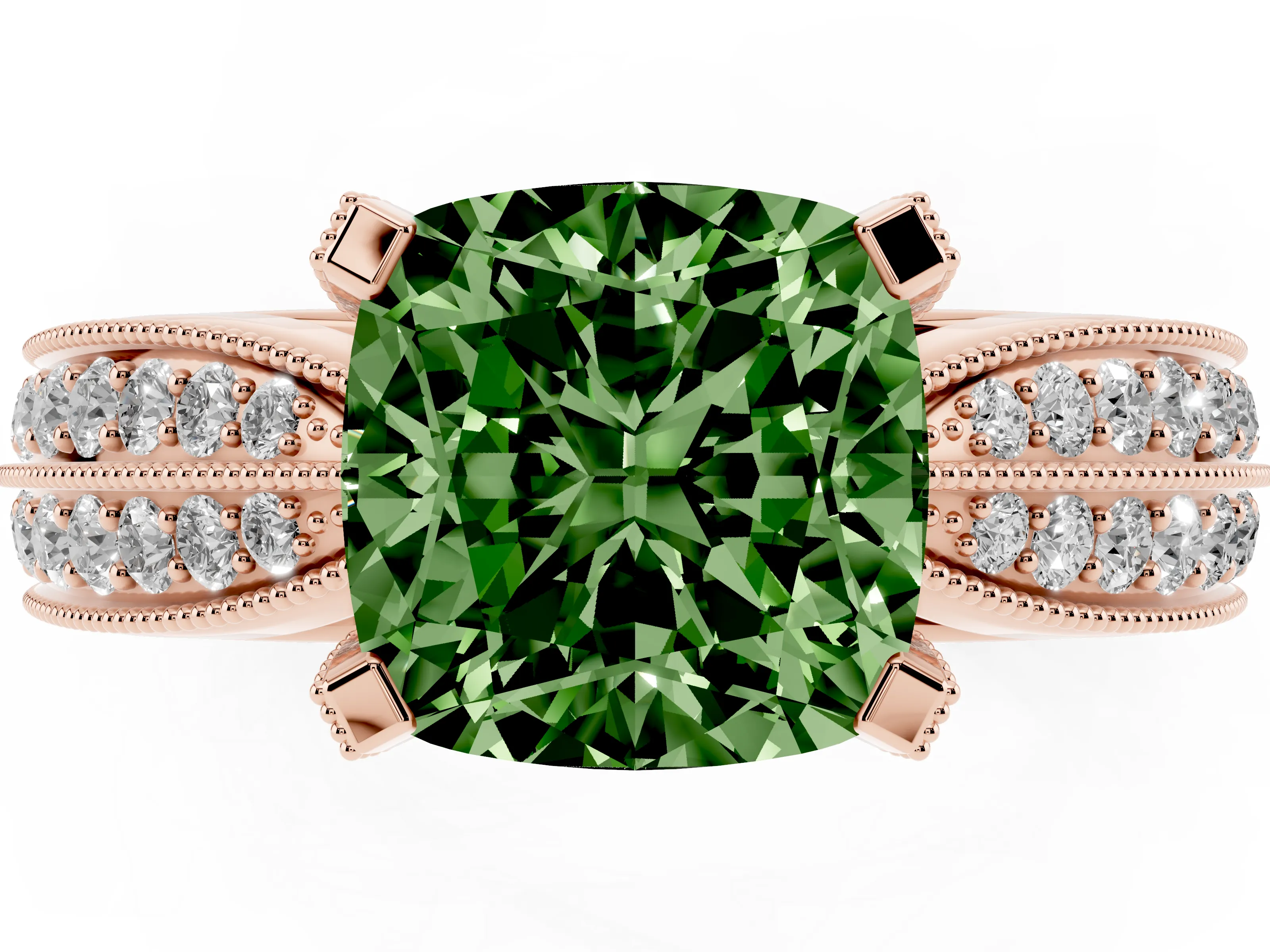 Fancy Green Cushion Cut Diamond Solitaire Ring Set in Rose gold with Milgrain Double Row Round Pavé Band