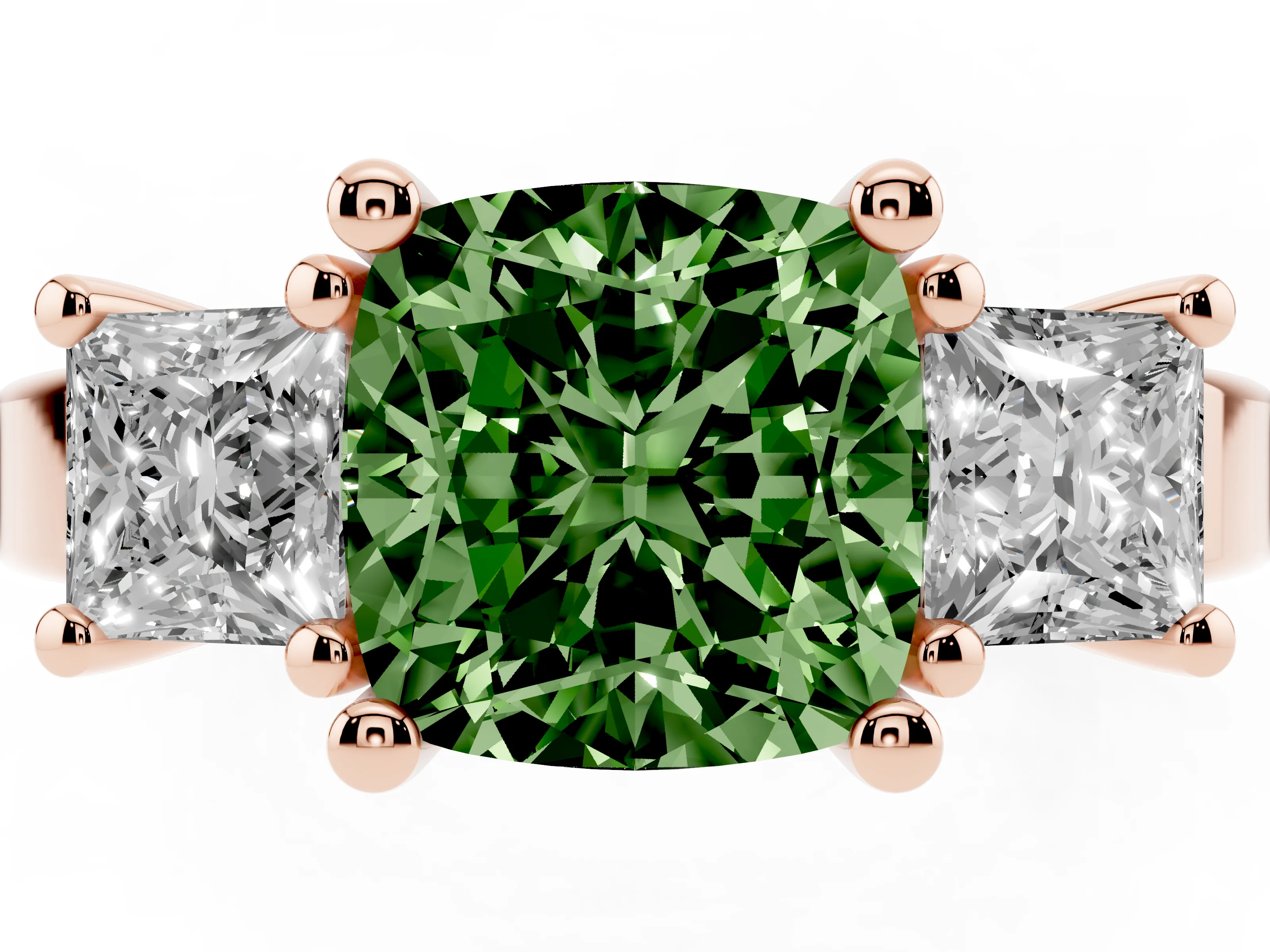 Fancy Green Three-Stone Cushion Cut Diamond Solitaire Ring Set in Rose gold with Prong Setting