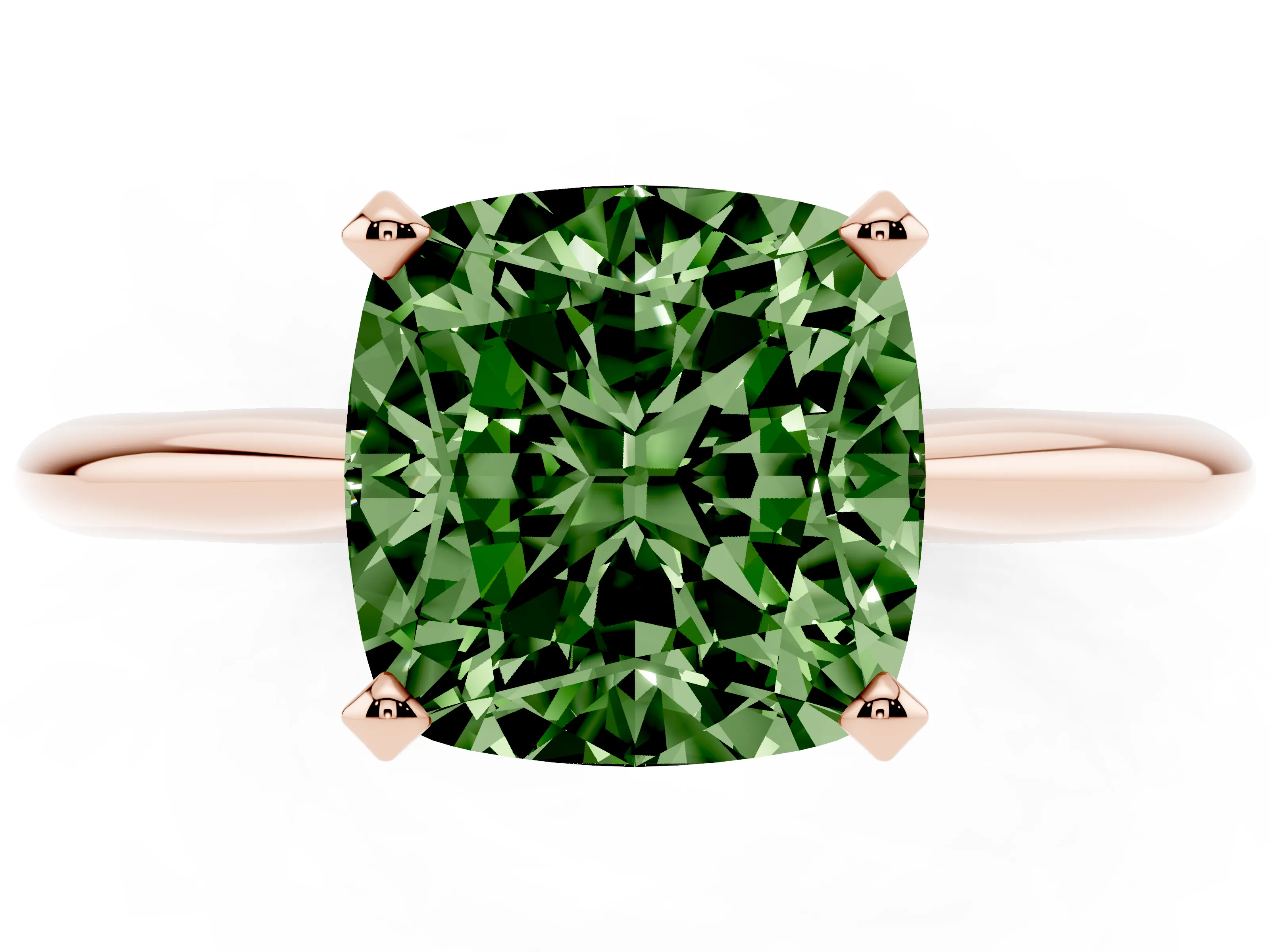 Fancy Green Cushion Cut Diamond Solitaire Ring Set in Rose gold with Prong Setting on a Plain Round Band