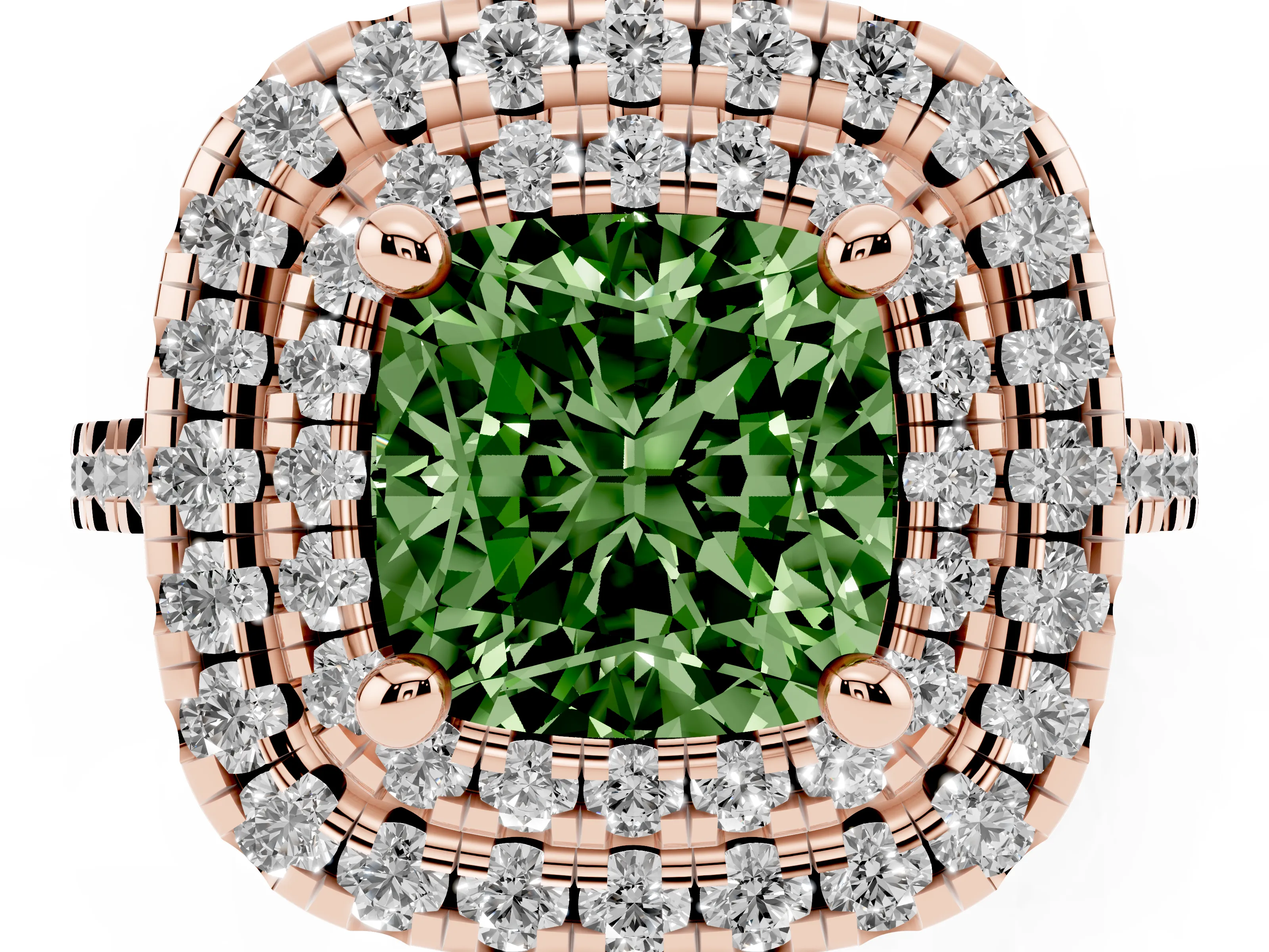 Fancy Green Cushion Cut Diamond Double Halo Statement Ring Set in Rose gold with Pavé Band