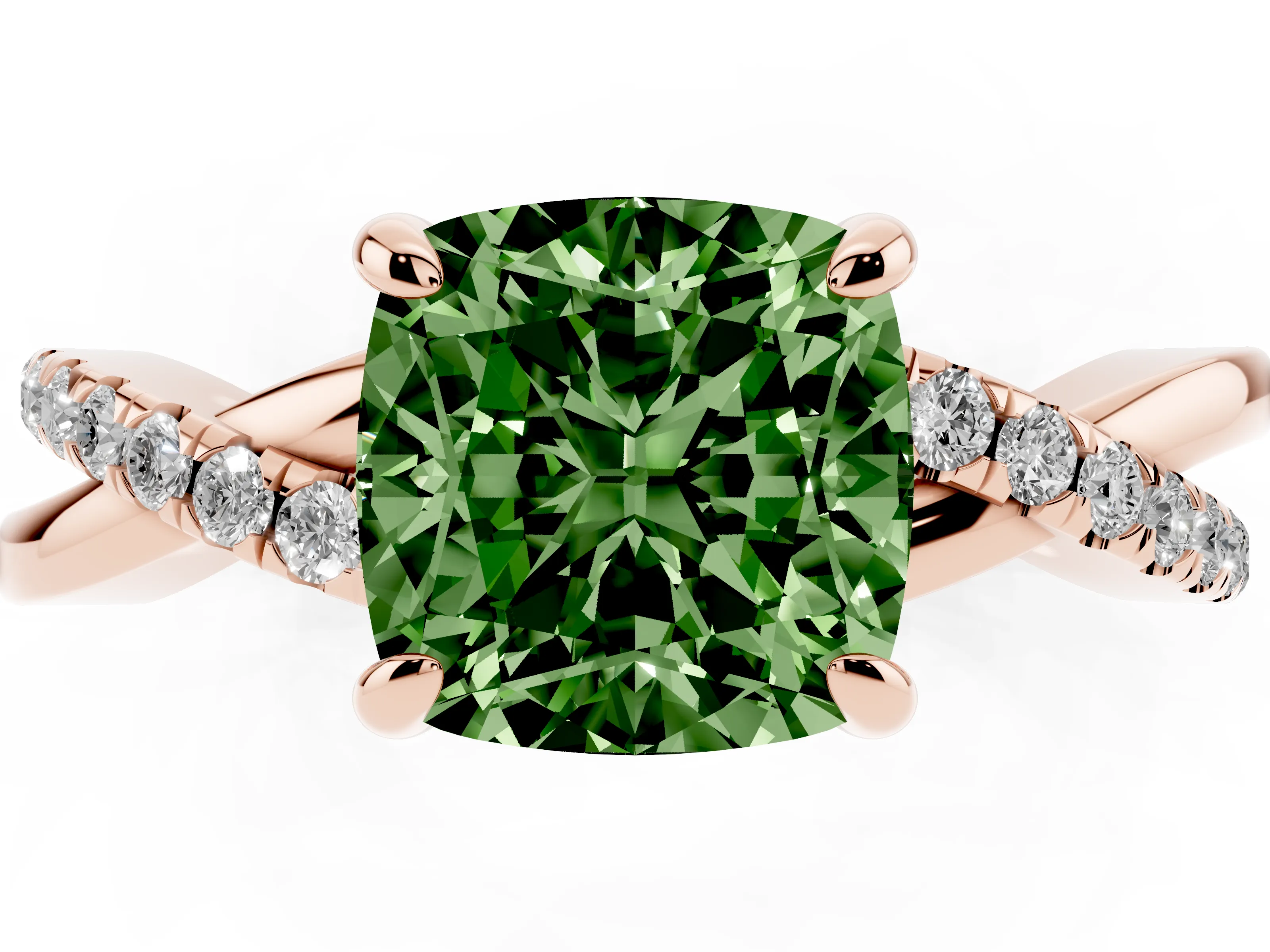 Fancy Green Cushion Cut Diamond Twist Band Pavé Solitaire Ring Set in Rose gold with Prong Setting