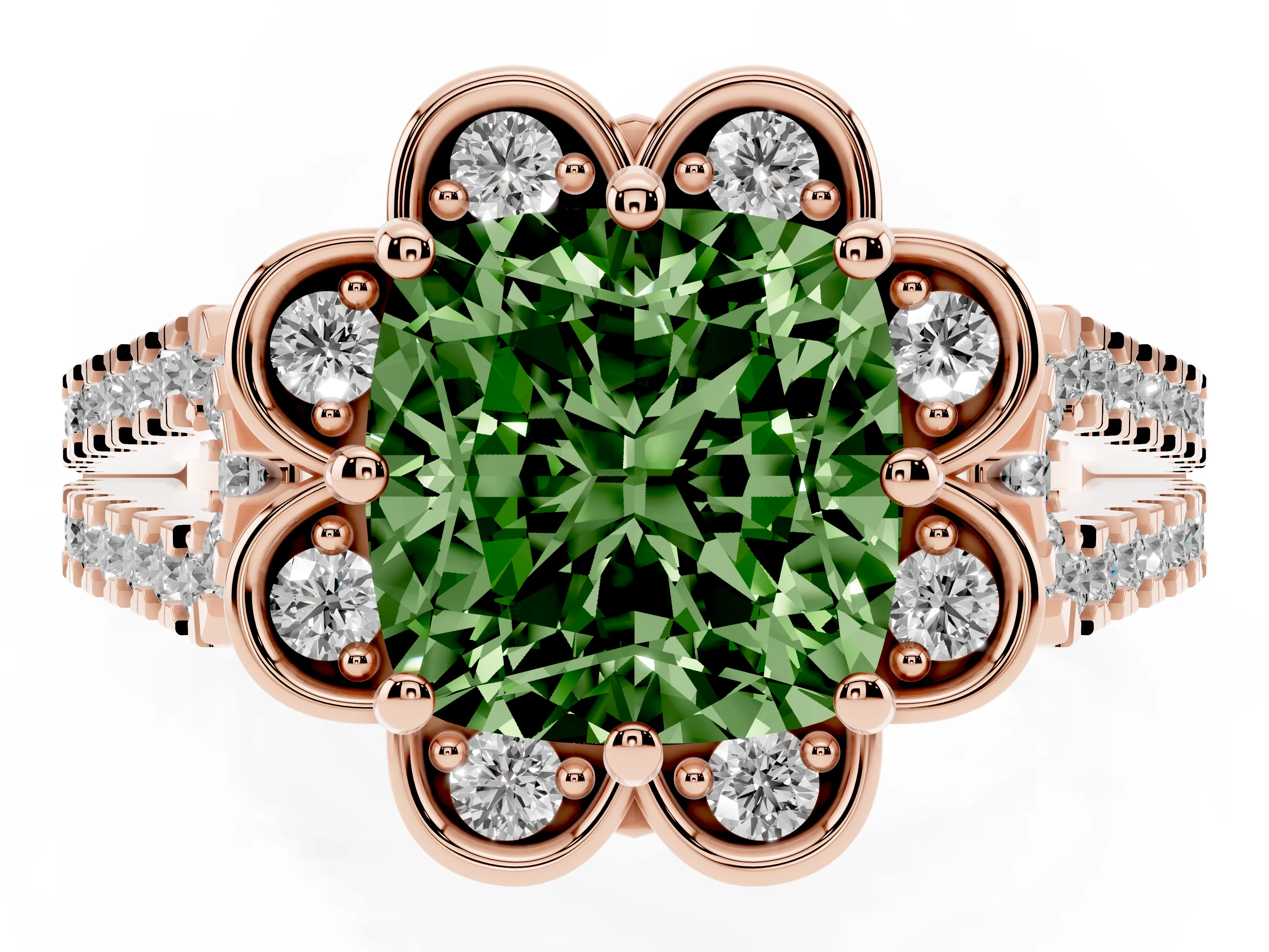 Fancy Green Cushion Cut Diamond Floral Halo Split Shank Engagement Ring Set in Rose gold with Pavé Shank