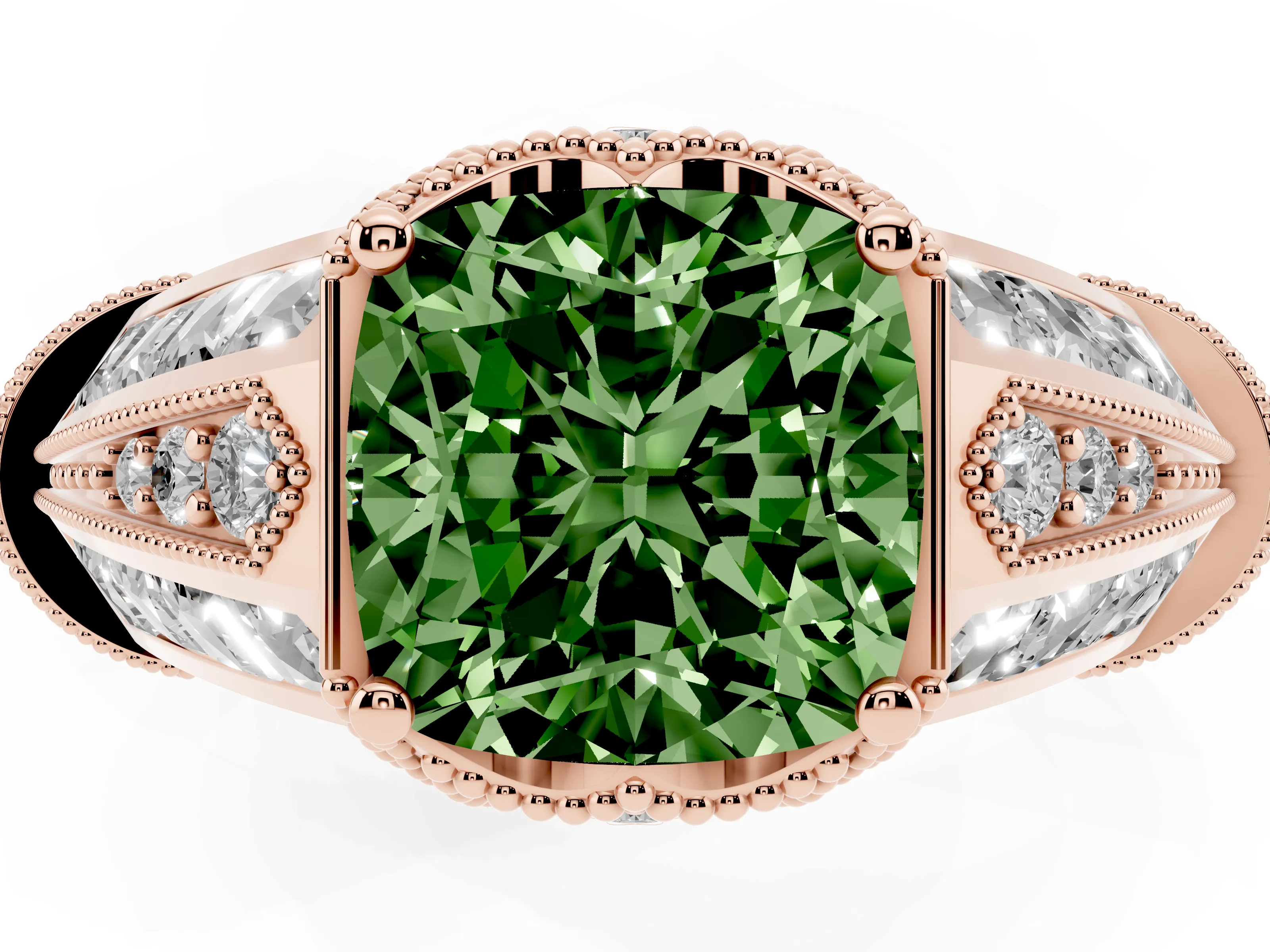 Fancy Green Cushion Cut Diamond Vintage-Inspired Milgrain Ring Set in Rose gold with Accent Split Shank