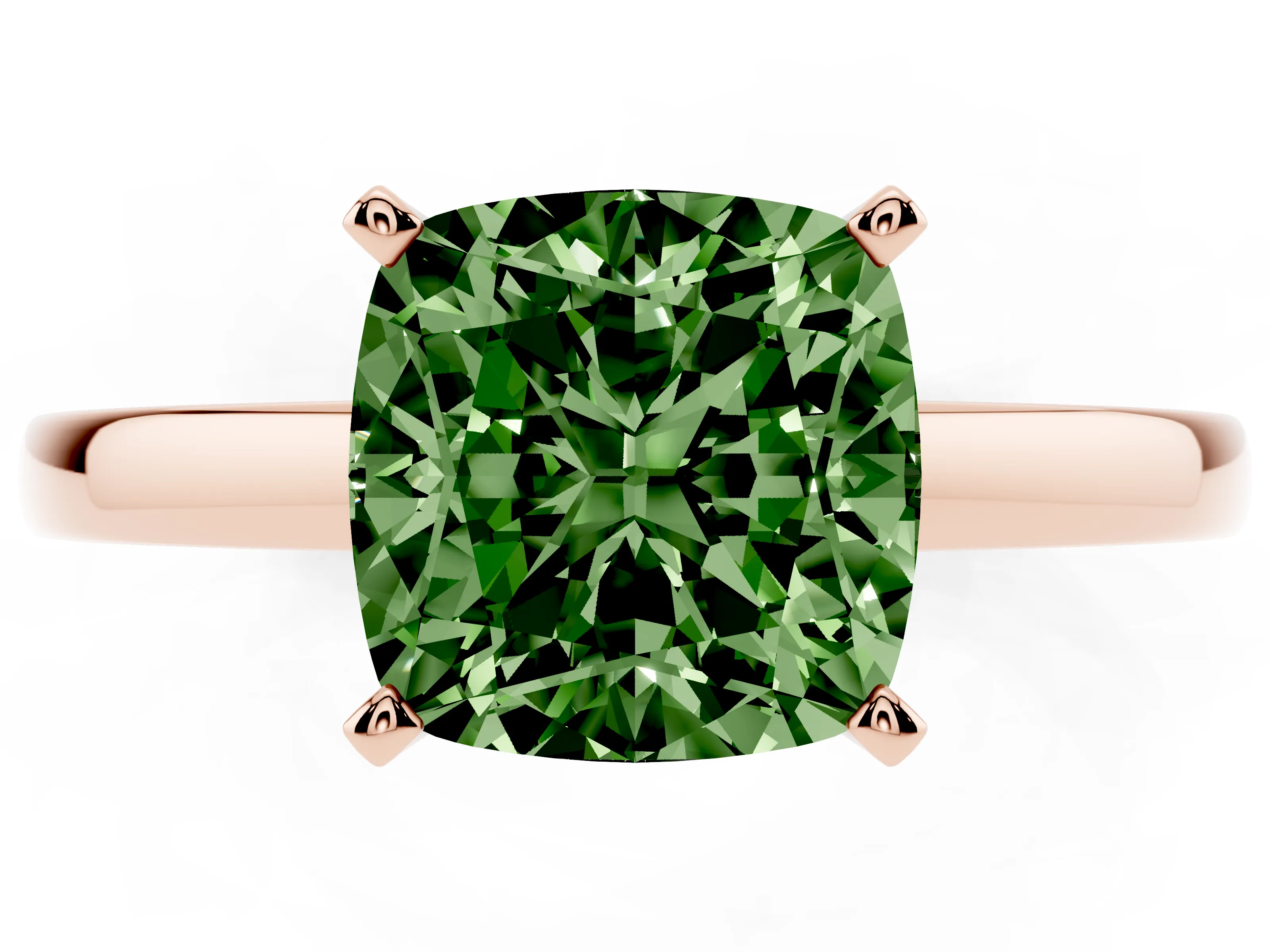 Fancy Green Cushion Cut Diamond Solitaire Engagement Ring Set in Rose gold with Prong Setting on a Classic Band