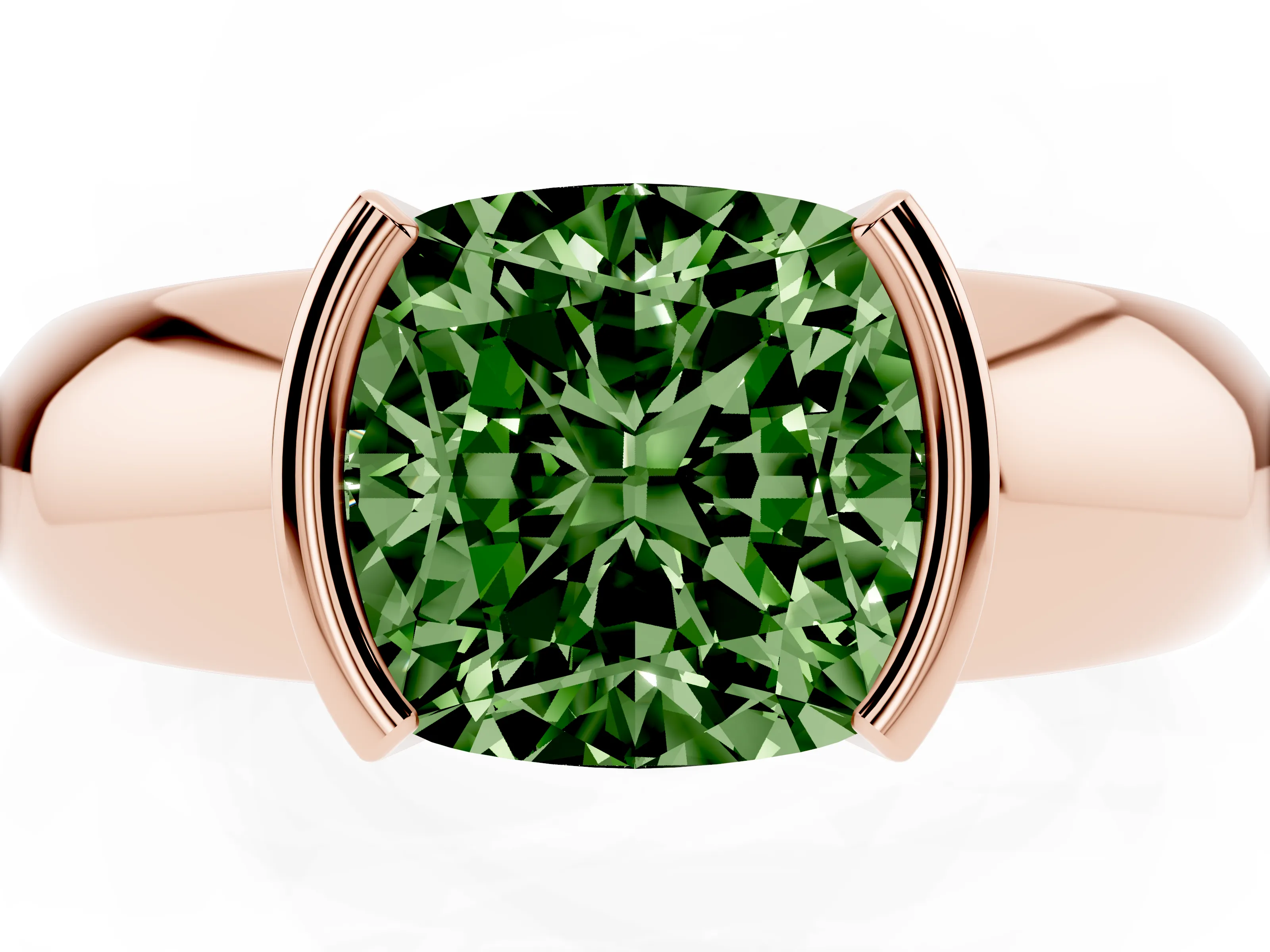 Fancy Green Cushion Cut Diamond Solitaire Tension Set Ring Set in Rose gold with Wide Band