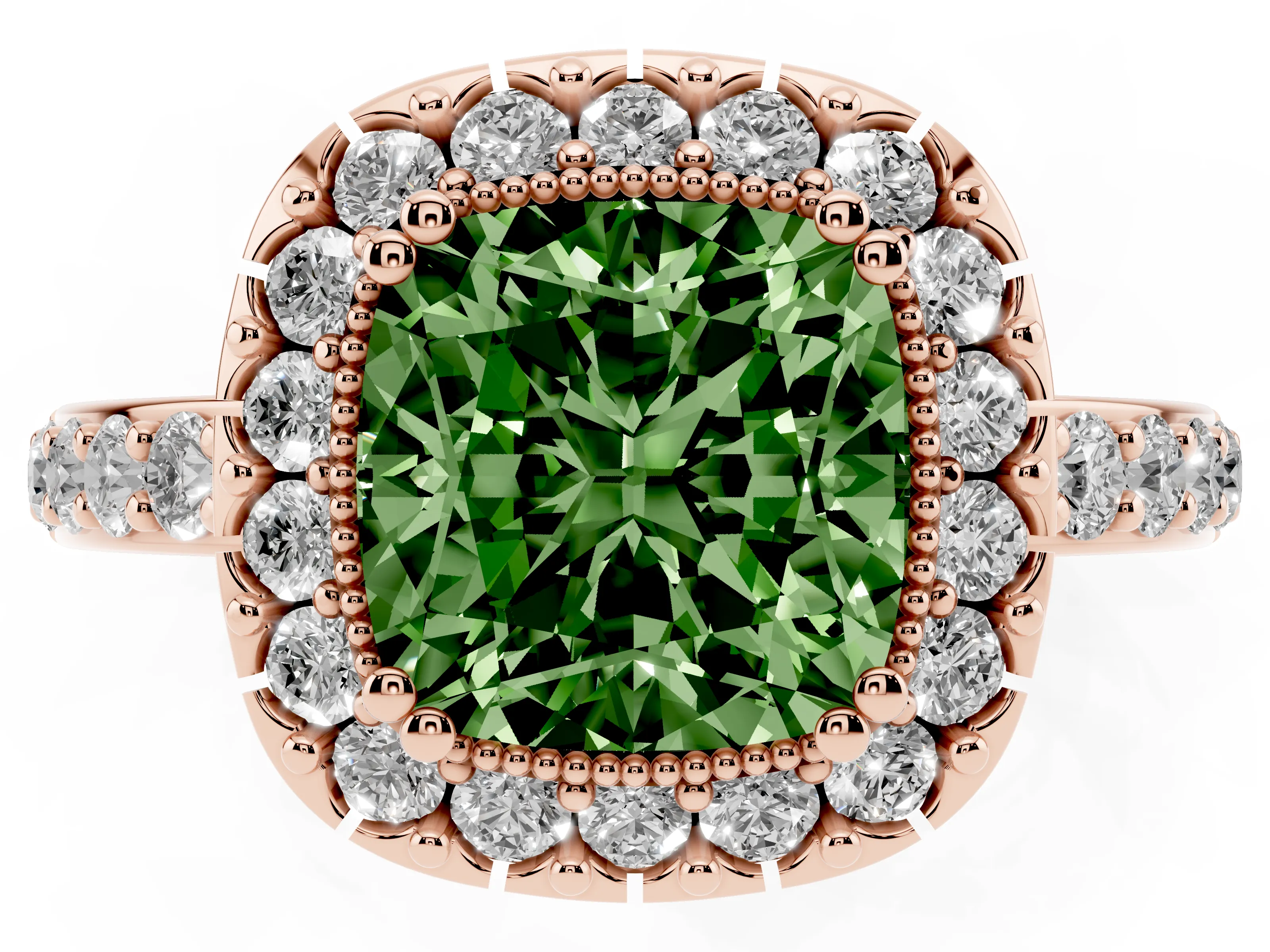 Fancy Green Cushion Cut Diamond Halo Ring Set in Rose gold with Pavé Shank and Prong Setting