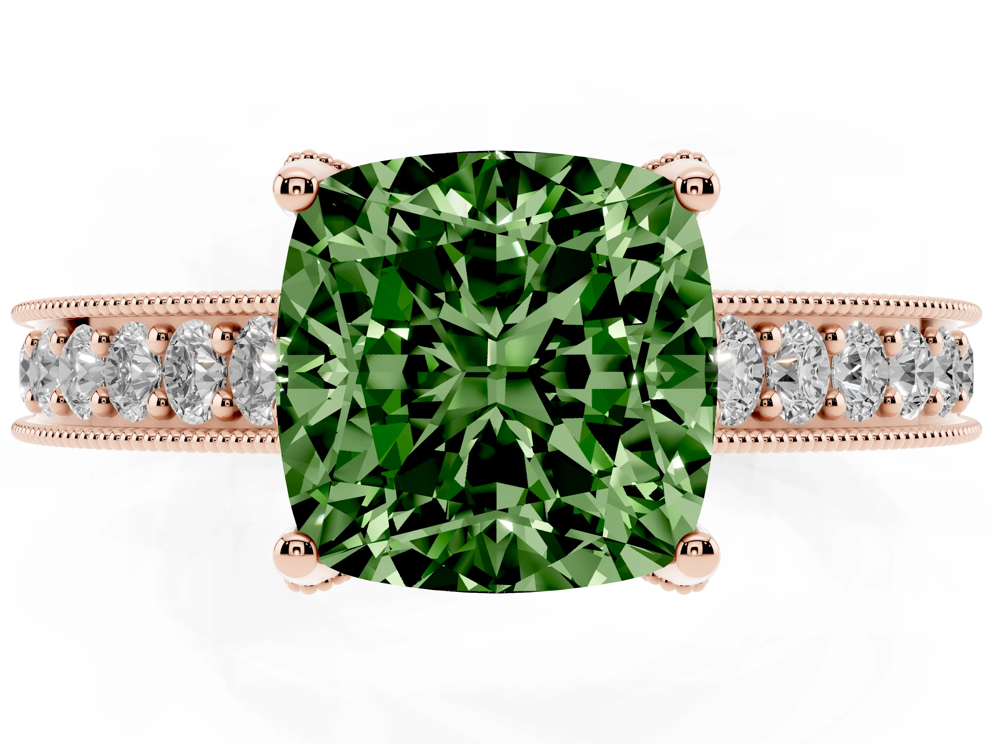 Fancy Green Cushion Cut Diamond Solitaire Ring Set in Rose gold with Milgrain-Edged Pavé Band and Prong Setting
